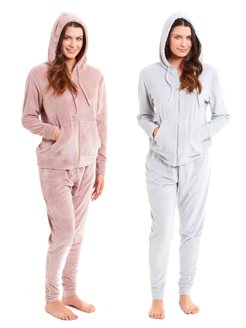 Women's Hooded Velour Lounge Set with Zipped Top and Elasticated Waistband Comfortable Stretchable Nightwear UK Sizes 8-22