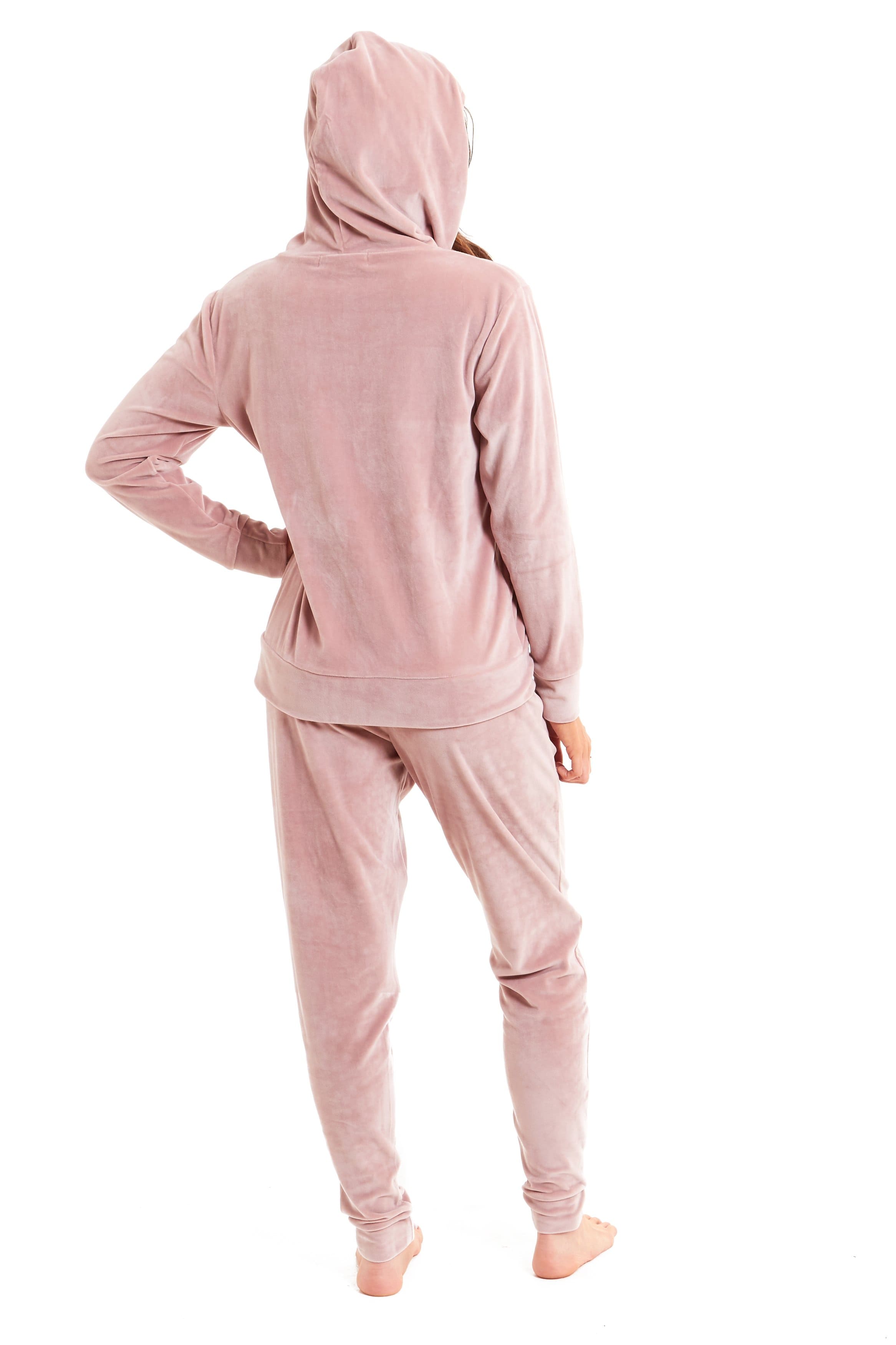 Women's Hooded Velour Lounge Set with Zipped Top and Elasticated Waistband Comfortable Stretchable Nightwear UK Sizes 8-22