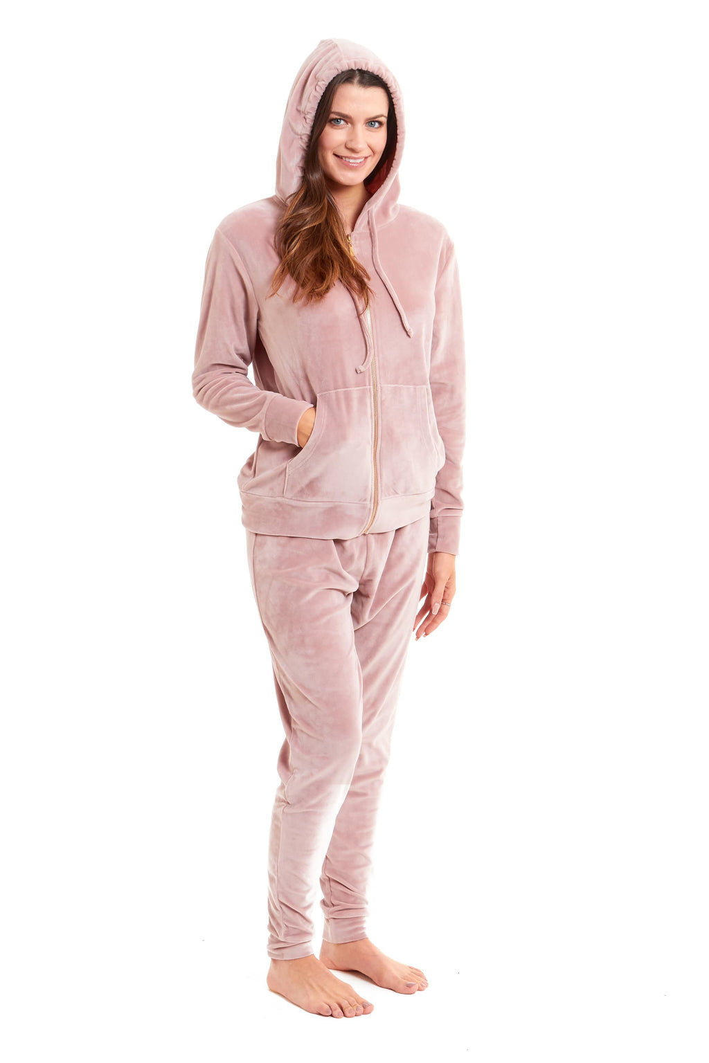 Women's Hooded Velour Lounge Set with Zipped Top and Elasticated Waistband Comfortable Stretchable Nightwear UK Sizes 8-22