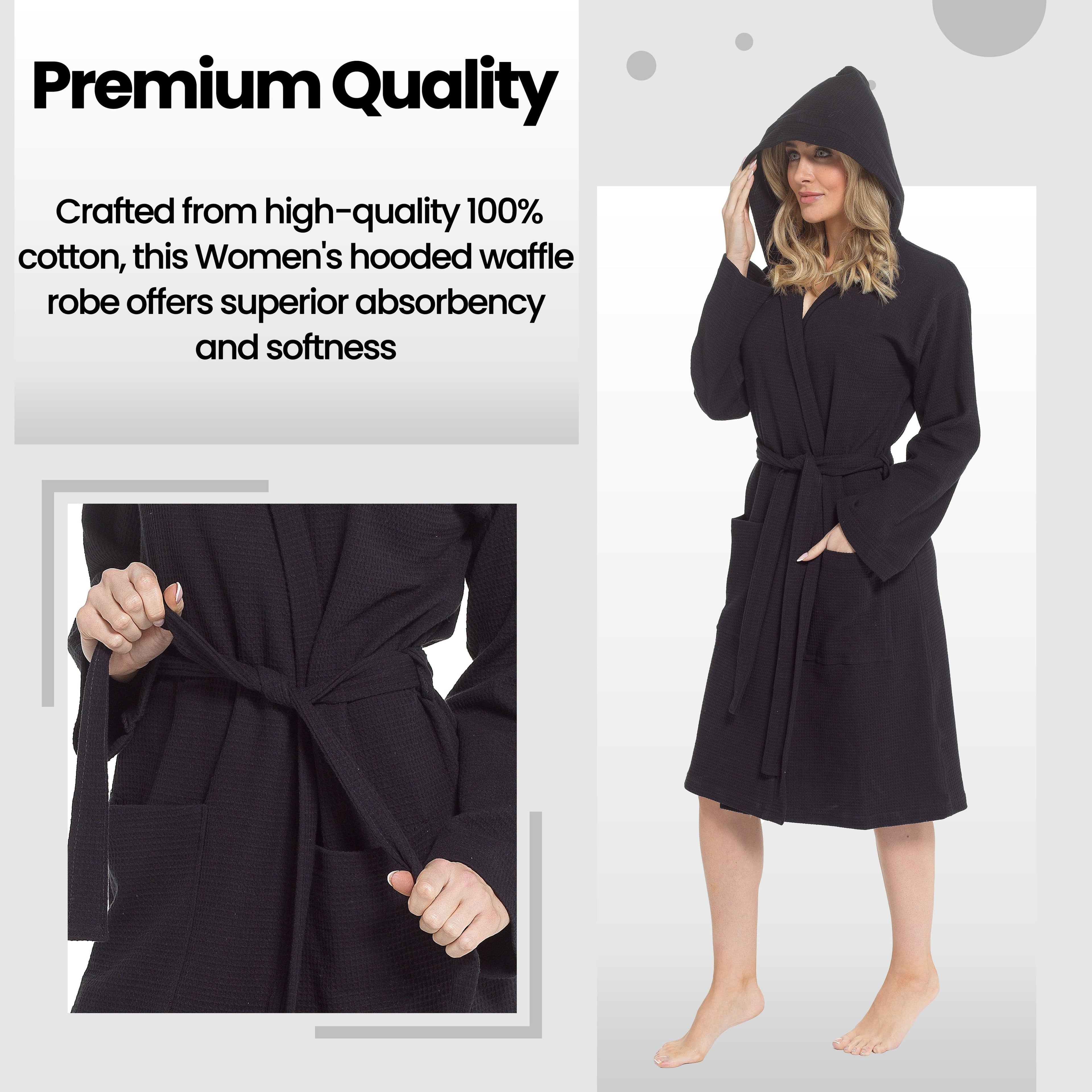 Women's Hooded Waffle Cotton Bathrobe Black Super Absorbent Spa Dressing Gown for Home Lounge & Travel
