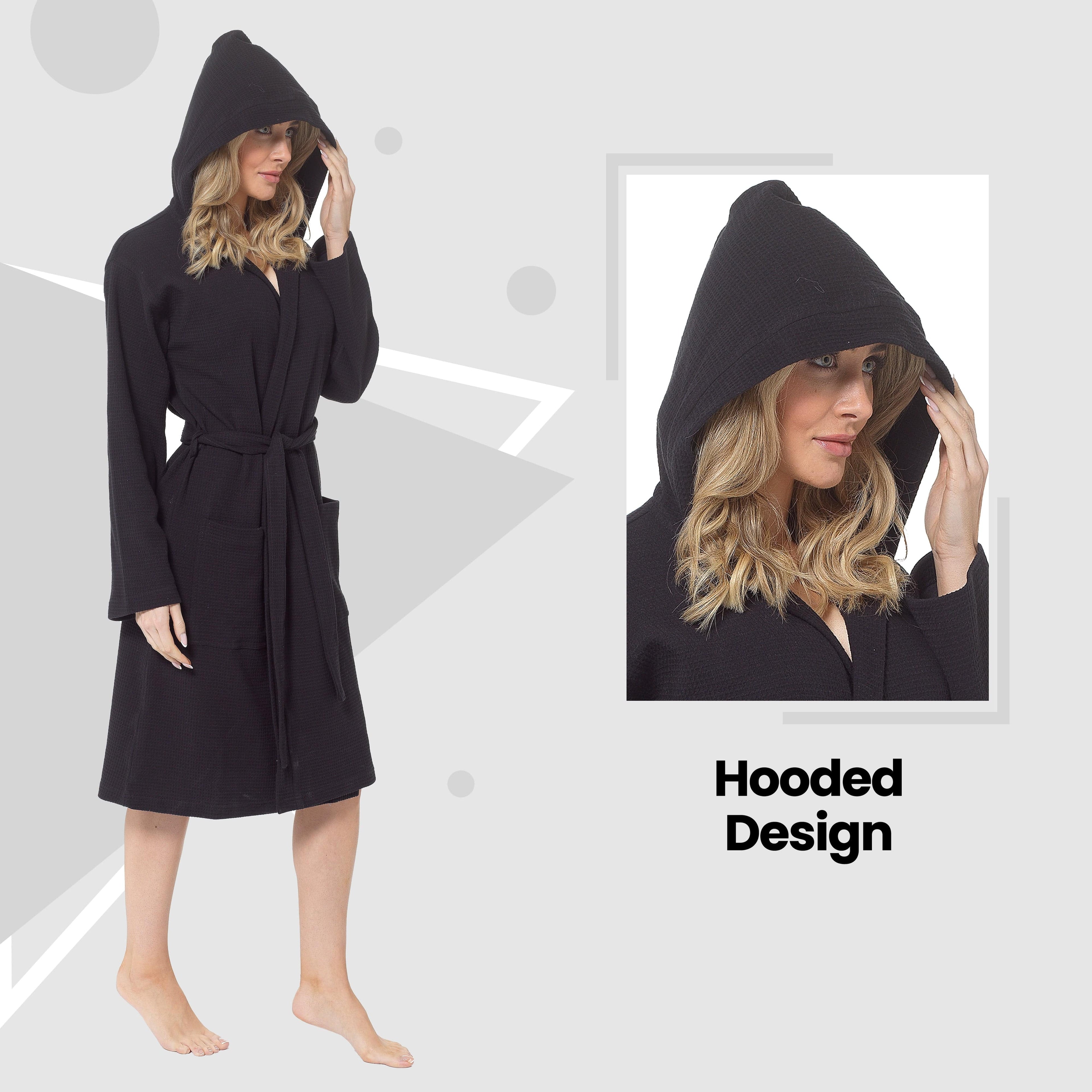 Women's Hooded Waffle Cotton Bathrobe Black Super Absorbent Spa Dressing Gown for Home Lounge & Travel