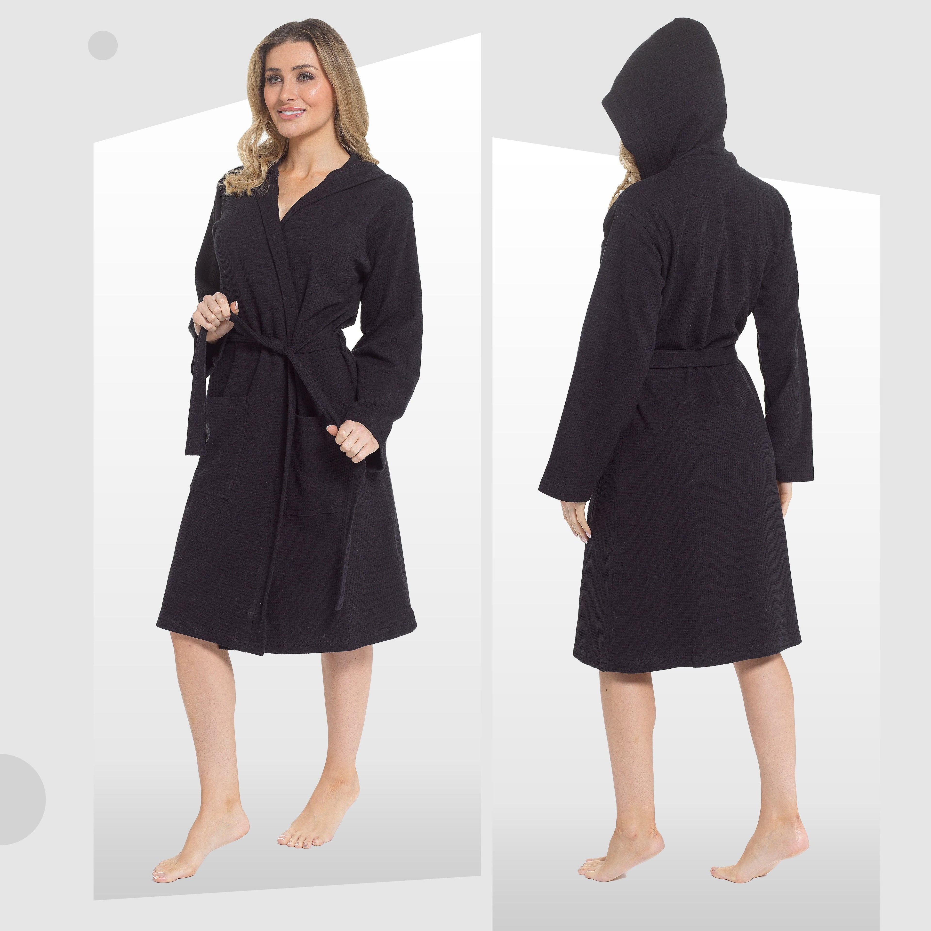 Women's Hooded Waffle Cotton Bathrobe Black Super Absorbent Spa Dressing Gown for Home Lounge & Travel