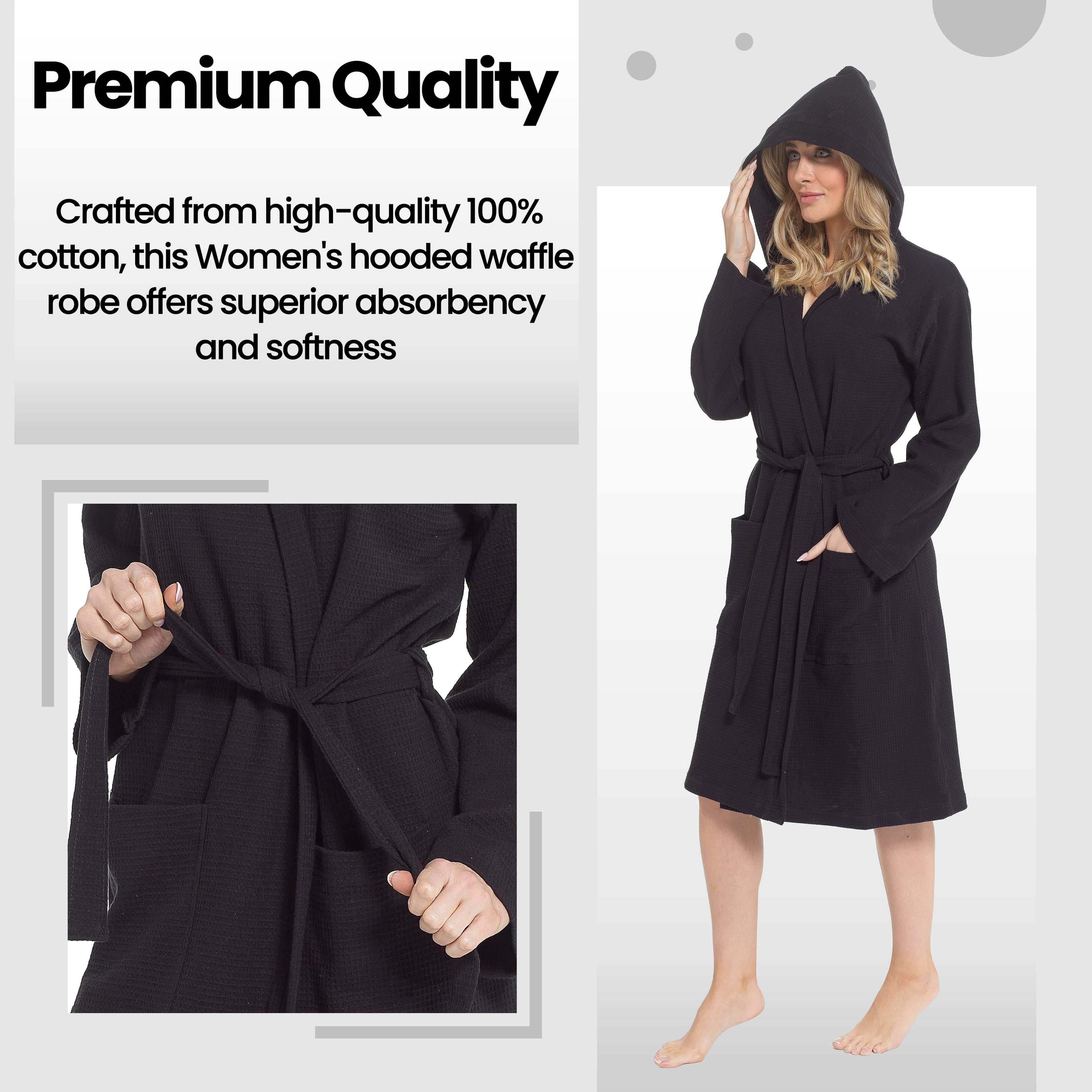 Women's Hooded Waffle Cotton Bathrobe Black Super Absorbent Spa Dressing Gown for Home Lounge & Travel