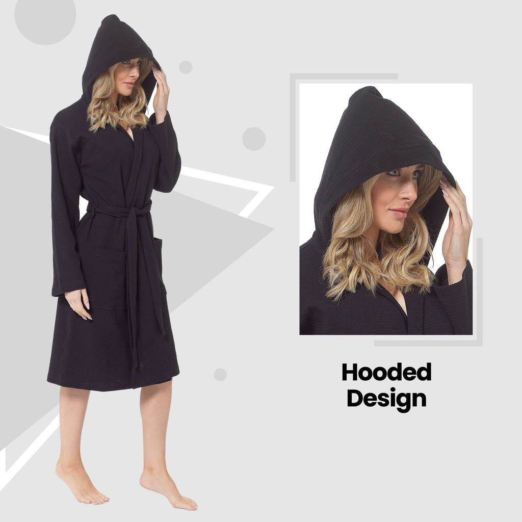 Women's Hooded Waffle Cotton Bathrobe Black Super Absorbent Spa Dressing Gown for Home Lounge & Travel