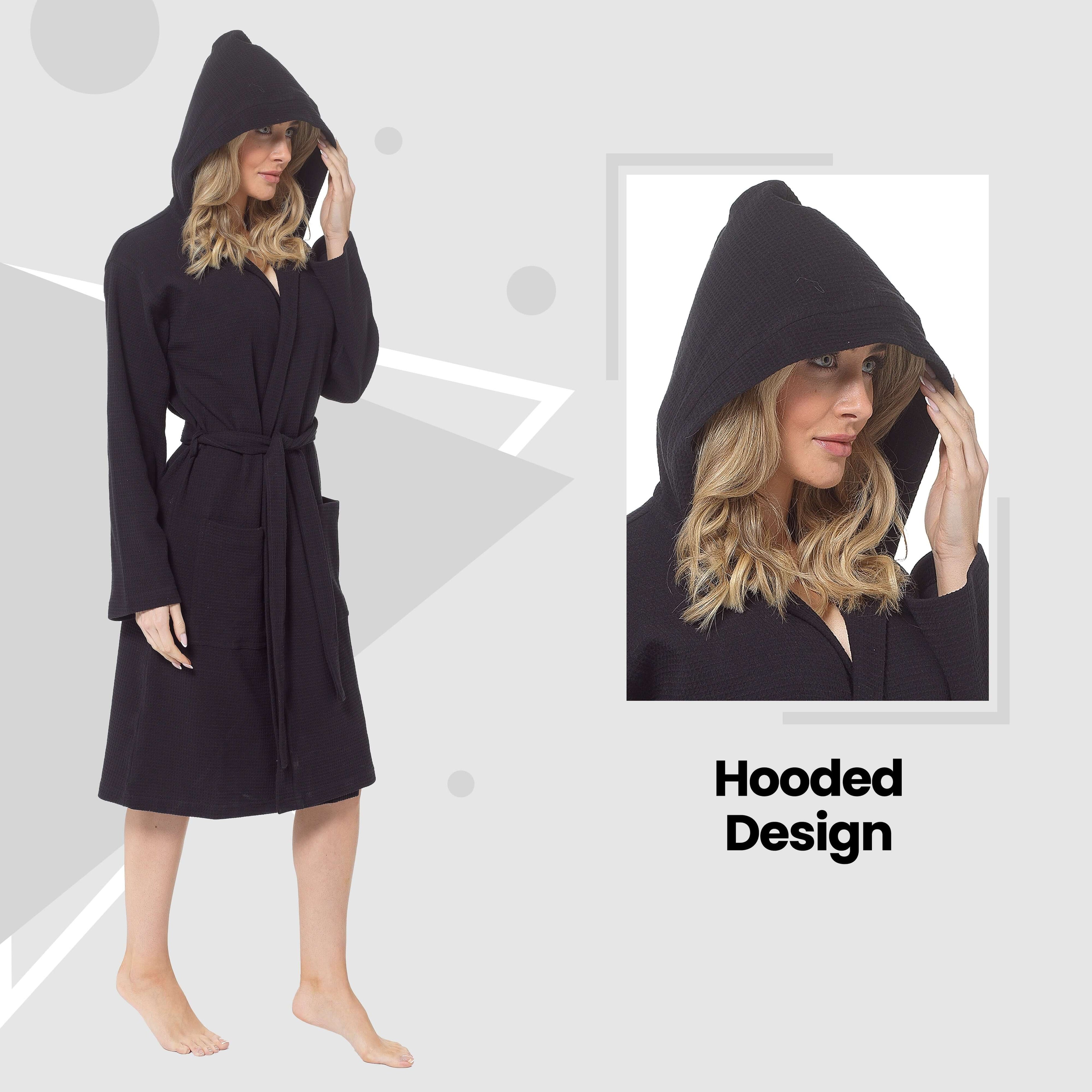 Women's Hooded Waffle Cotton Bathrobe Black Super Absorbent Spa Dressing Gown for Home Lounge & Travel