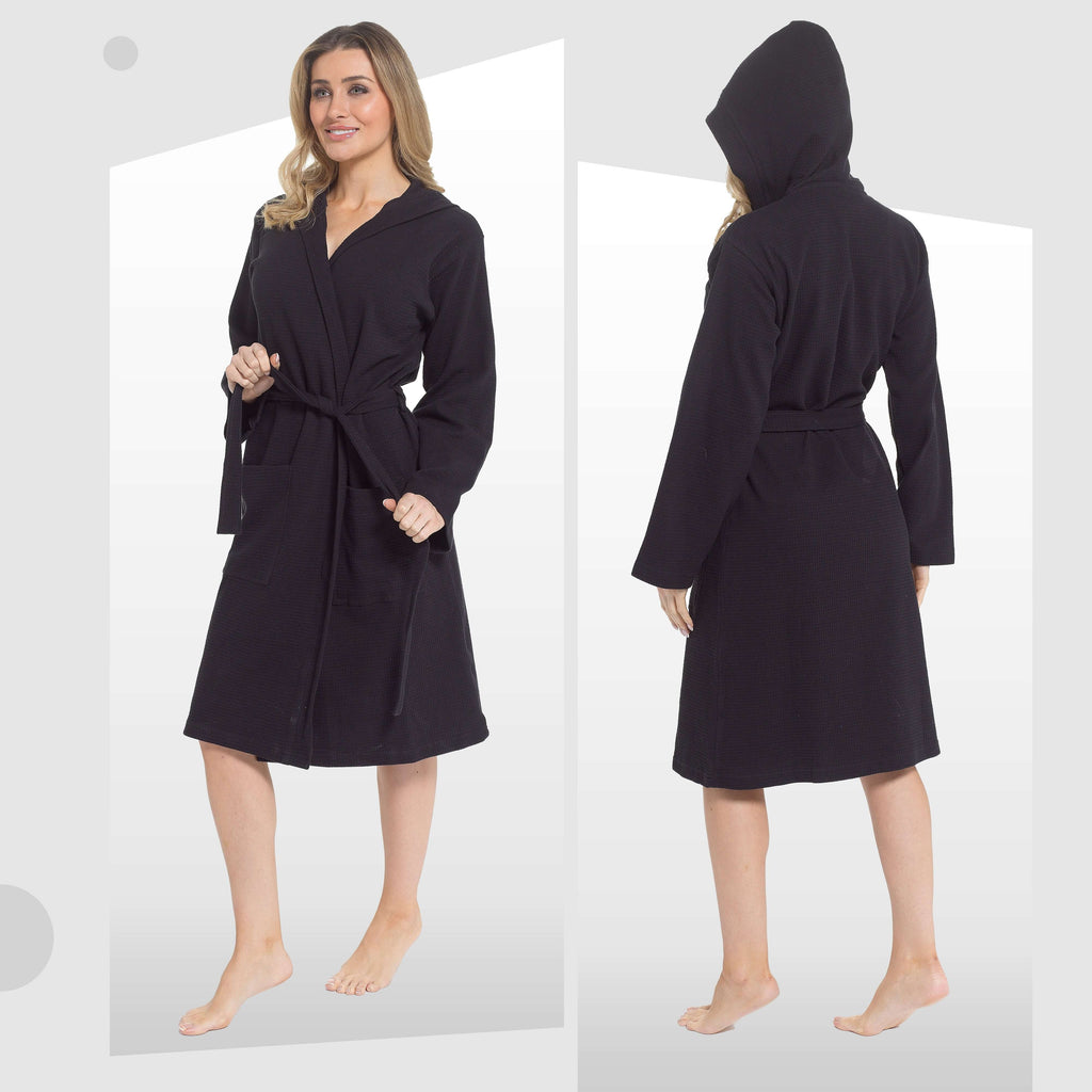Women's Hooded Waffle Cotton Bathrobe Black Super Absorbent Spa Dressing Gown for Home Lounge & Travel