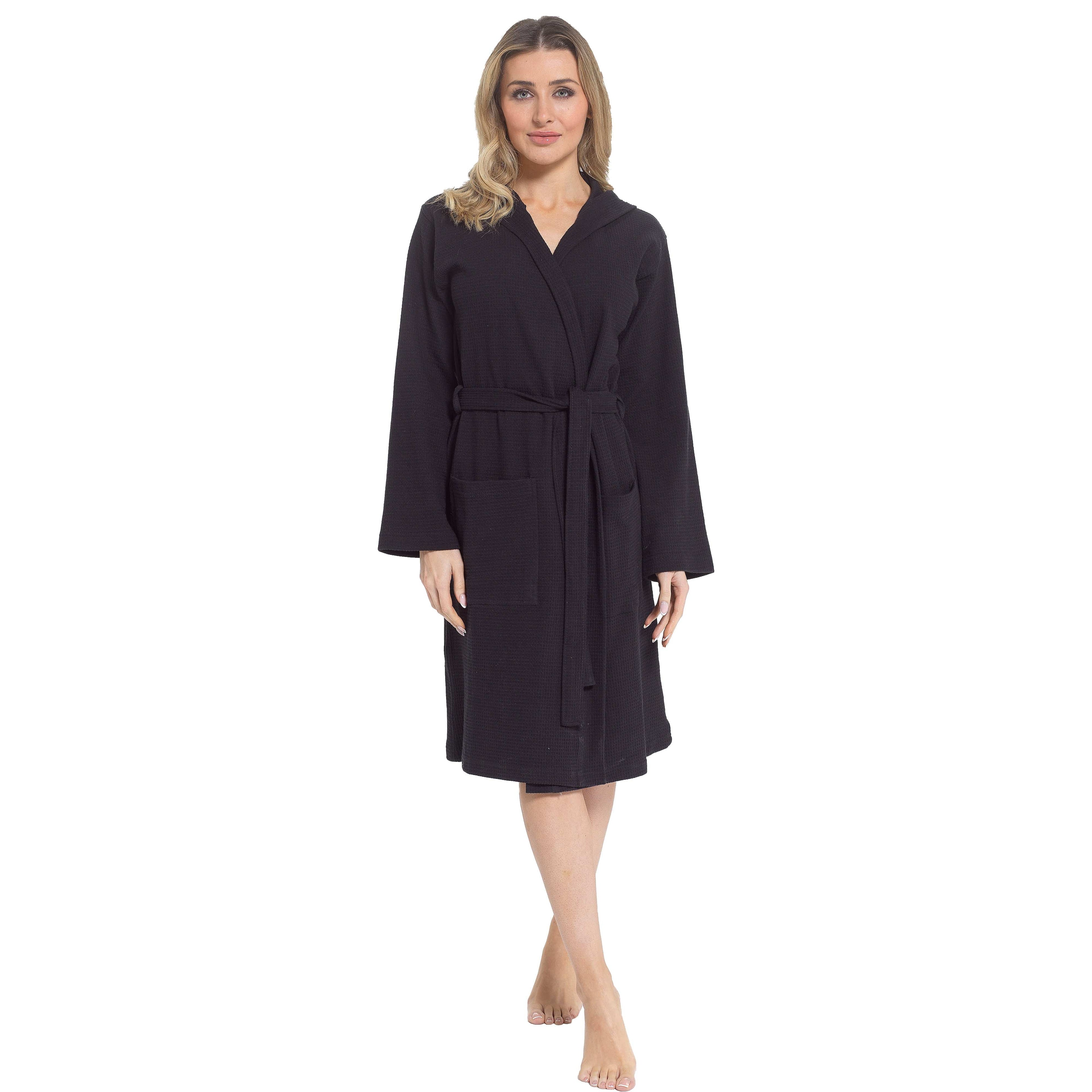 Women's Hooded Waffle Cotton Bathrobe Black Super Absorbent Spa Dressing Gown for Home Lounge & Travel