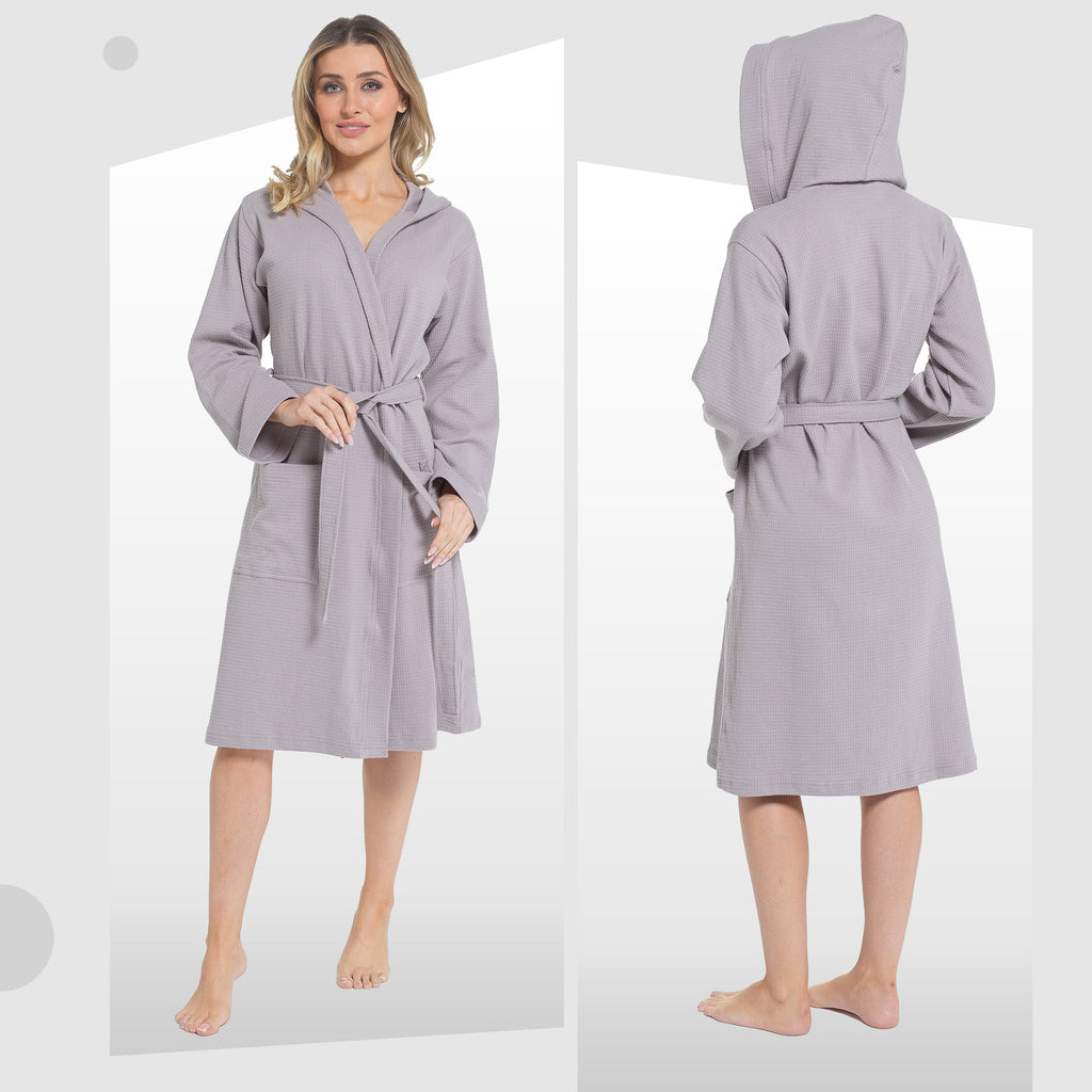 Women's Hooded Waffle Cotton Bathrobe Grey Super Absorbent Spa Dressing Gown for Home Lounge & Travel