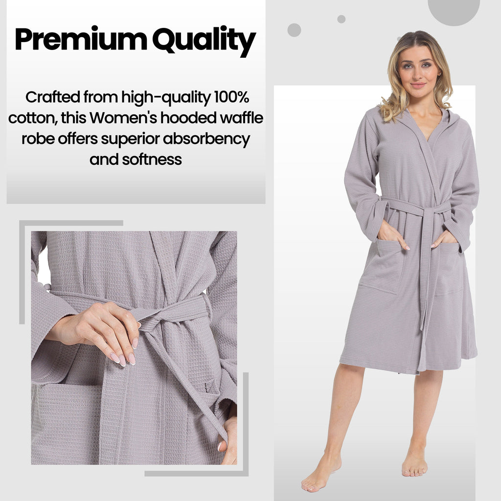 Women's Hooded Waffle Cotton Bathrobe Grey Super Absorbent Spa Dressing Gown for Home Lounge & Travel