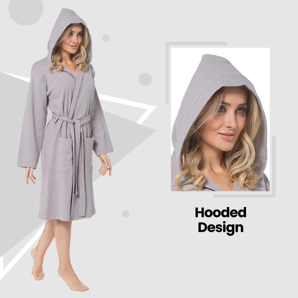 Women's Hooded Waffle Cotton Bathrobe Grey Super Absorbent Spa Dressing Gown for Home Lounge & Travel
