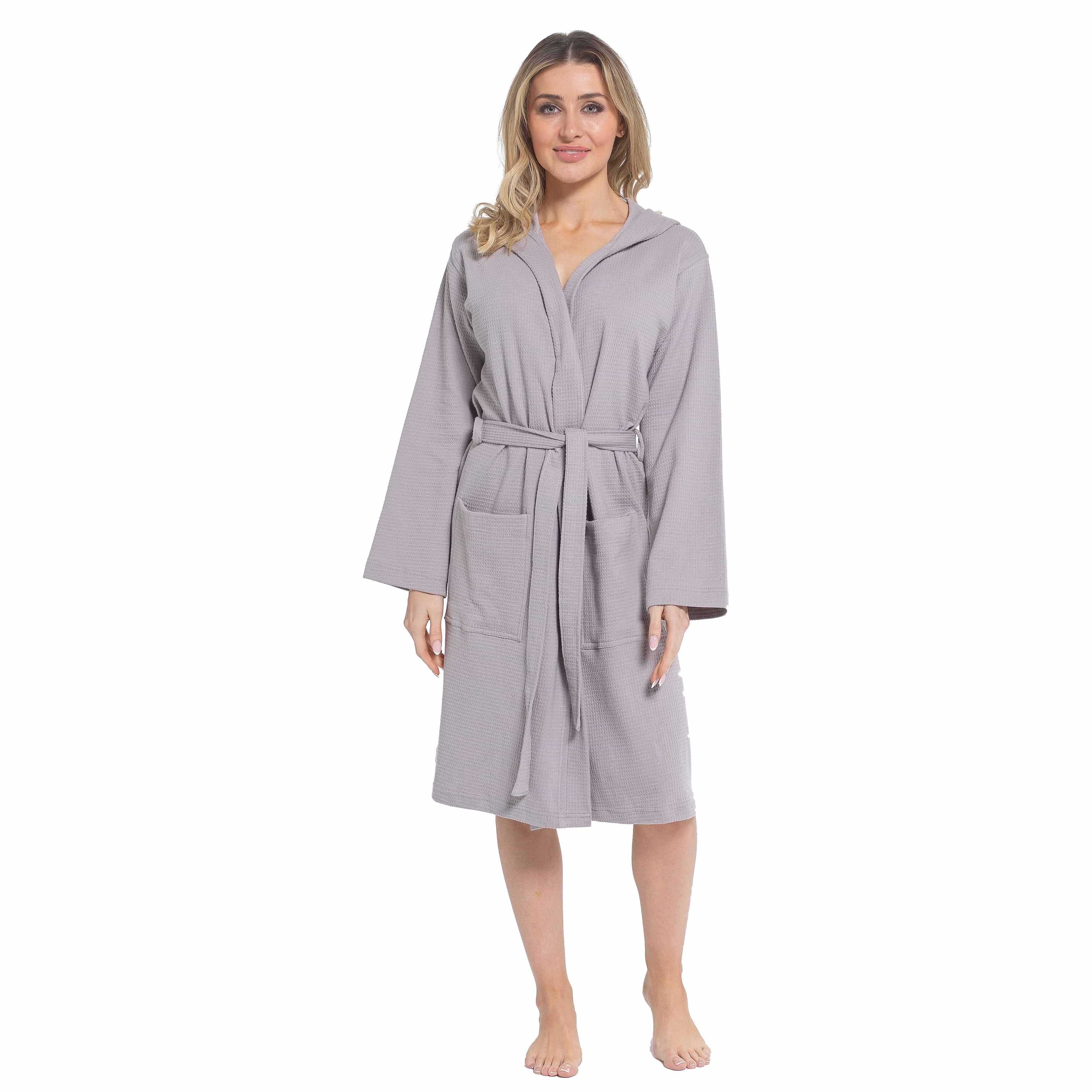 Women's Hooded Waffle Cotton Bathrobe Grey Super Absorbent Spa Dressing Gown for Home Lounge & Travel
