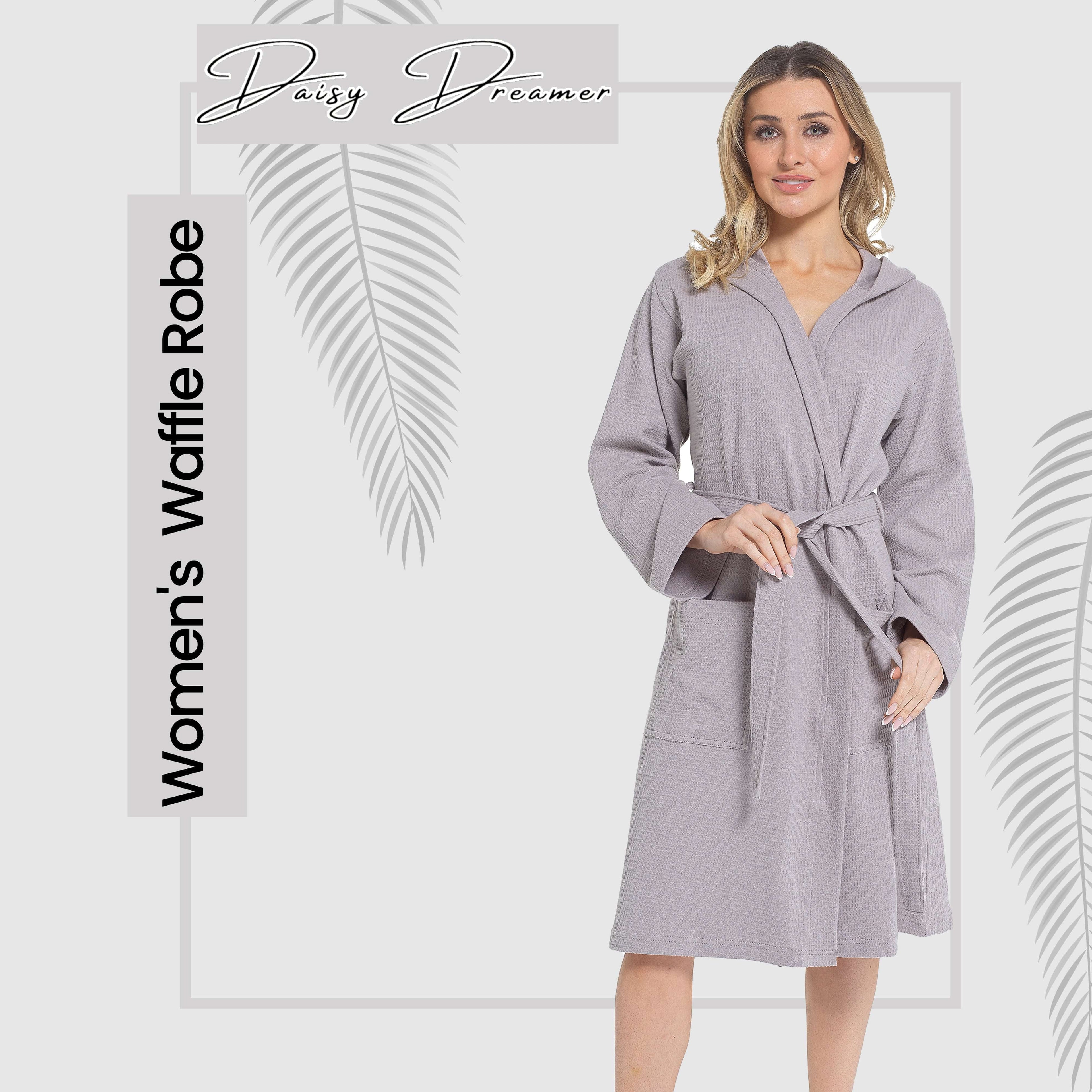 Women's Hooded Waffle Cotton Bathrobe Grey Super Absorbent Spa Dressing Gown for Home Lounge & Travel