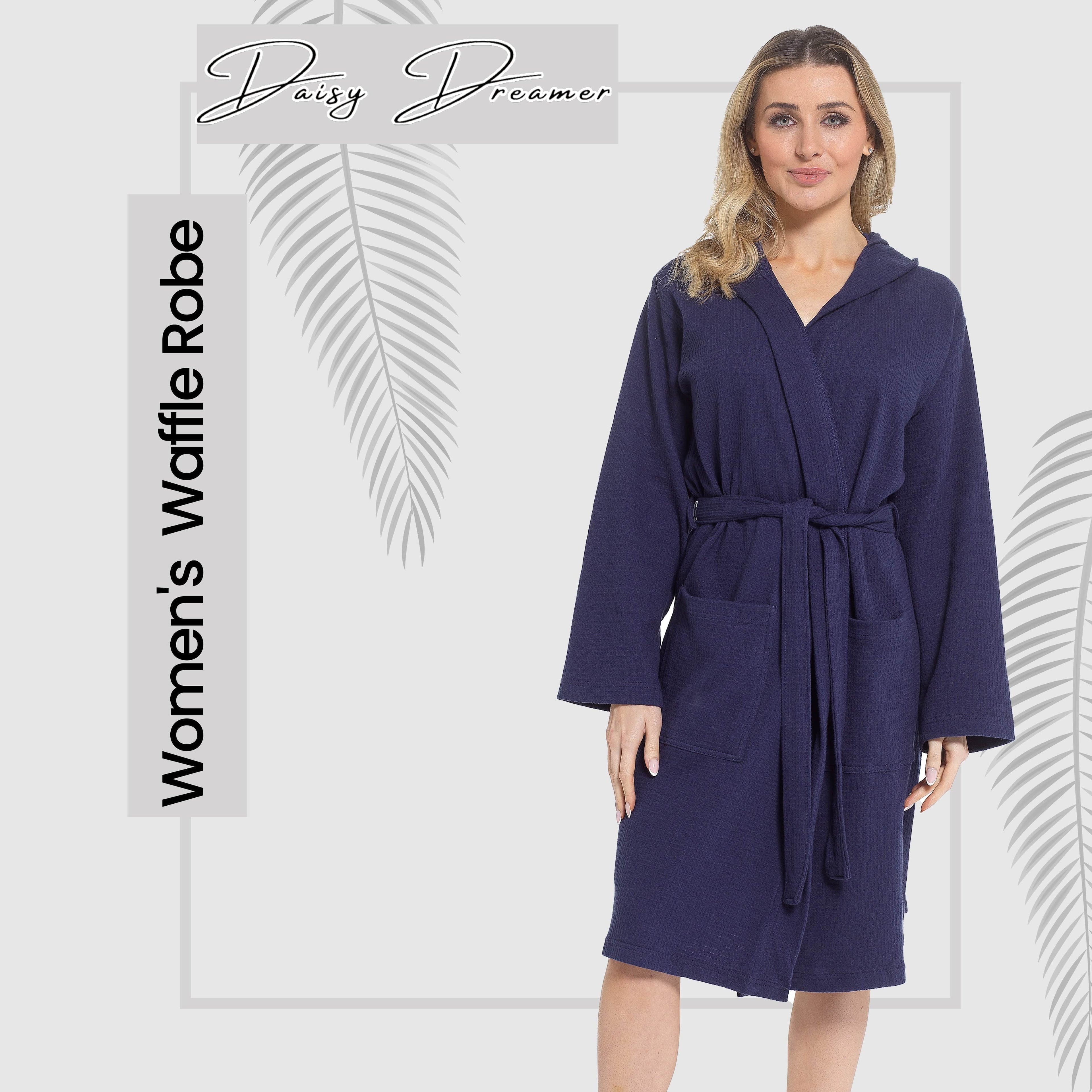 Women's Hooded Waffle Cotton Bathrobe Navy Super Absorbent Spa Dressing Gown for Home Lounge & Travel