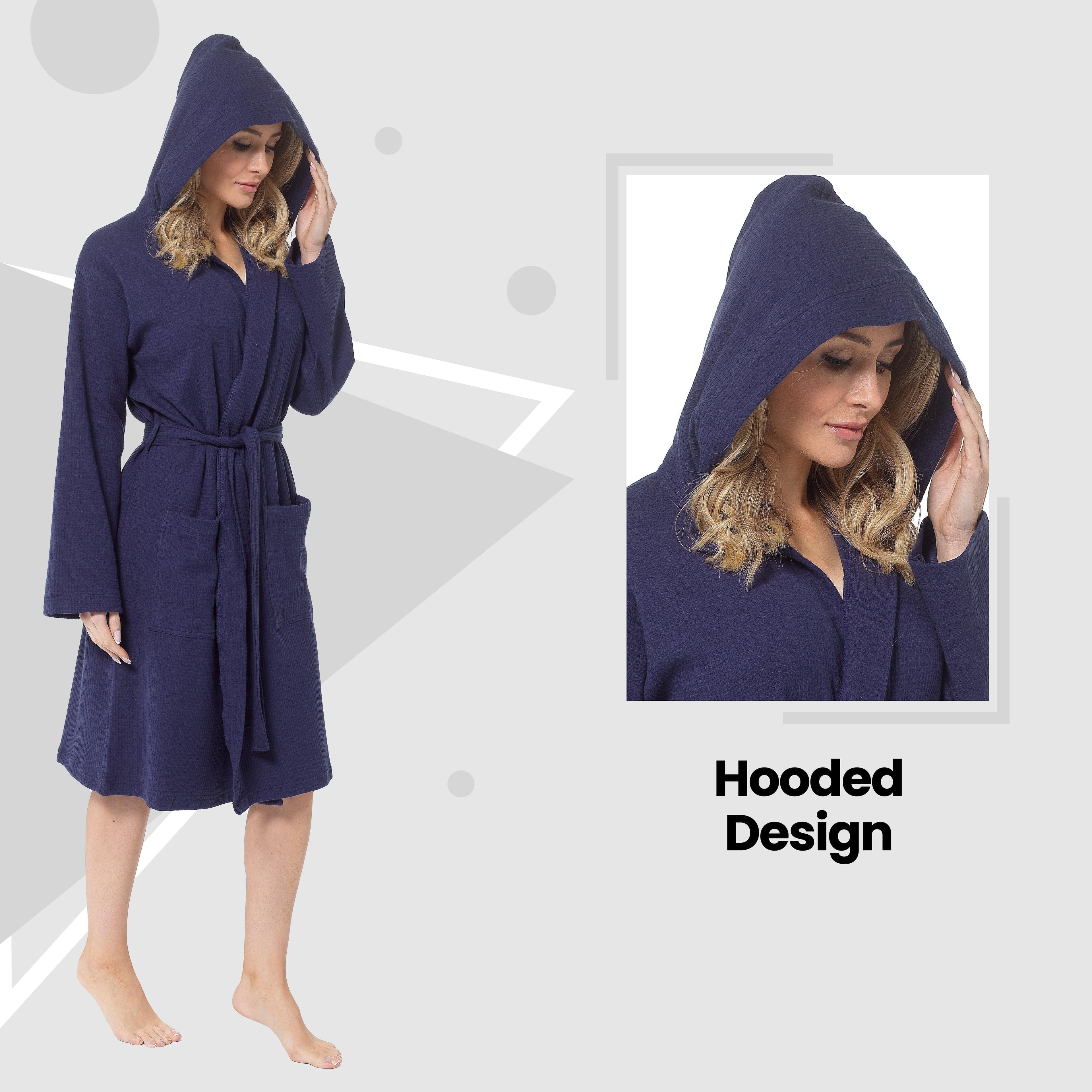 Women's Hooded Waffle Cotton Bathrobe Navy Super Absorbent Spa Dressing Gown for Home Lounge & Travel