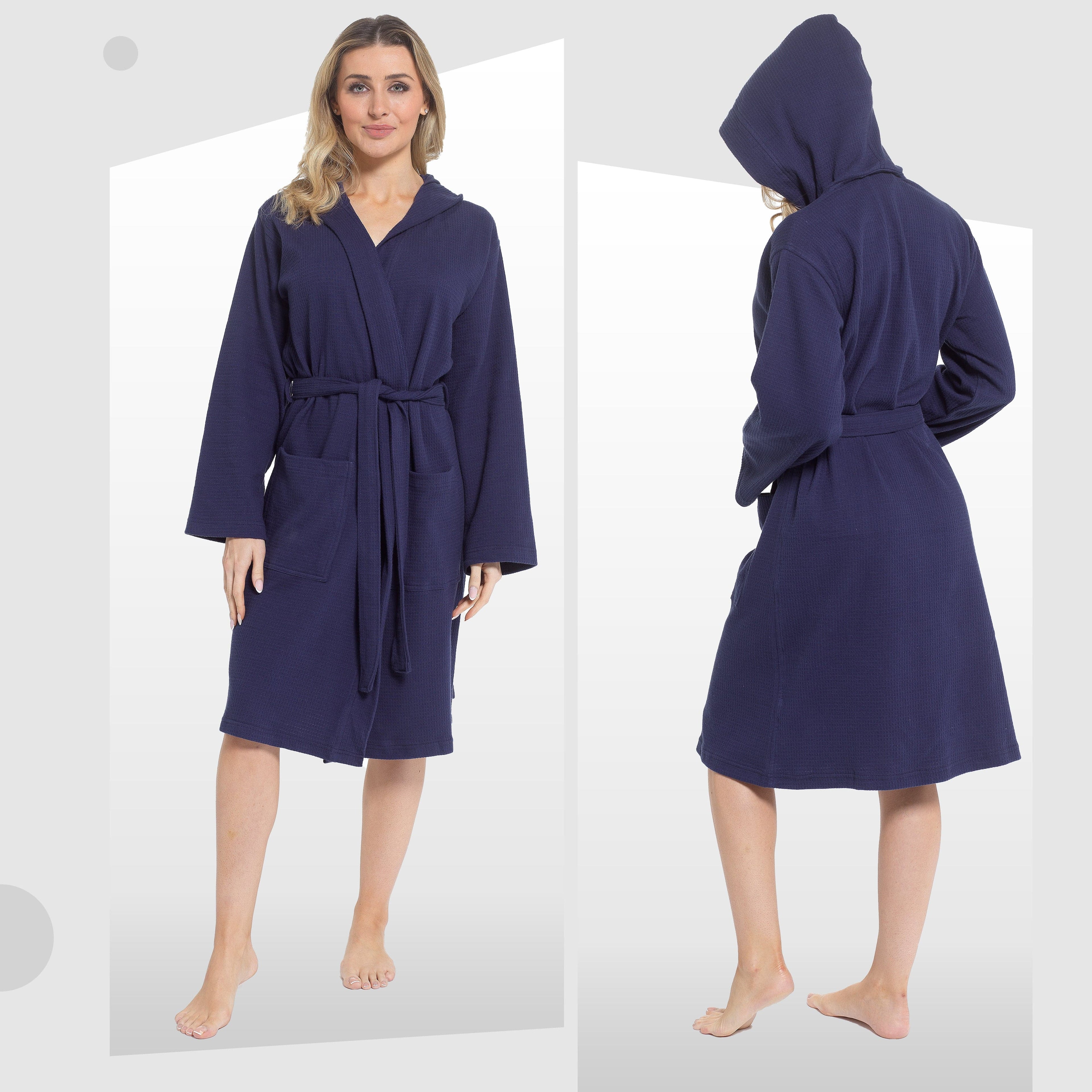 Women's Hooded Waffle Cotton Bathrobe Navy Super Absorbent Spa Dressing Gown for Home Lounge & Travel