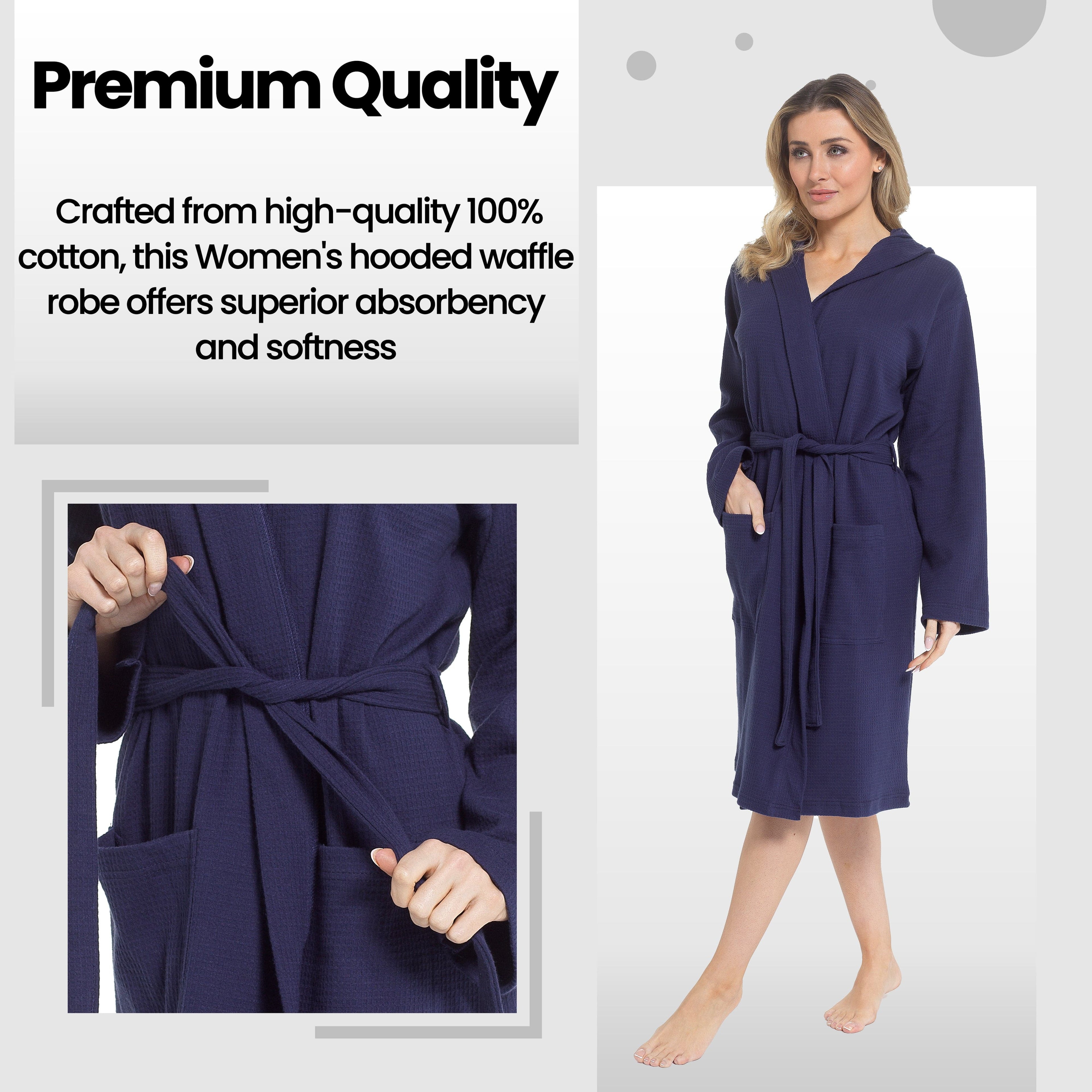 Women's Hooded Waffle Cotton Bathrobe Navy Super Absorbent Spa Dressing Gown for Home Lounge & Travel