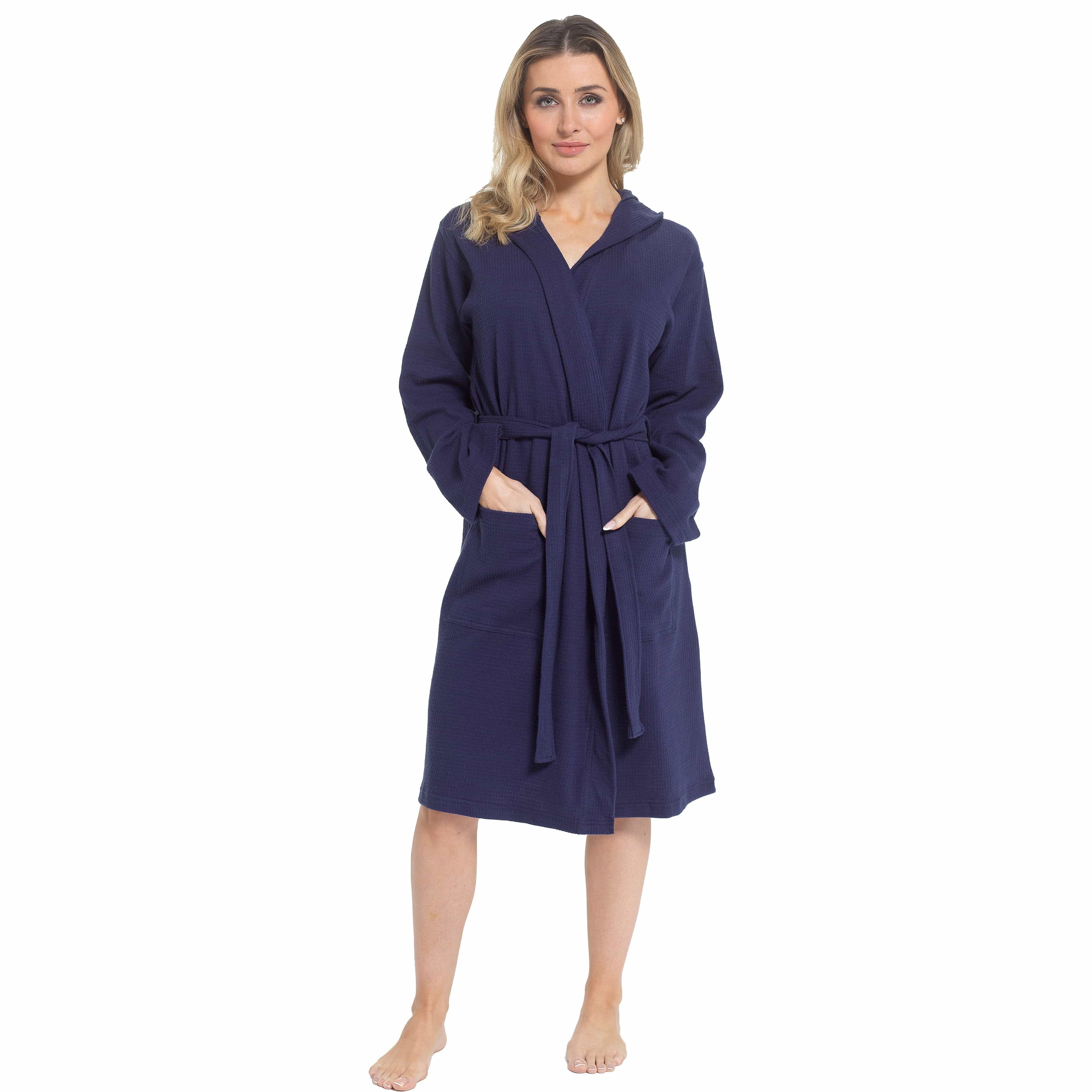 Women's Hooded Waffle Cotton Bathrobe Navy Super Absorbent Spa Dressing Gown for Home Lounge & Travel