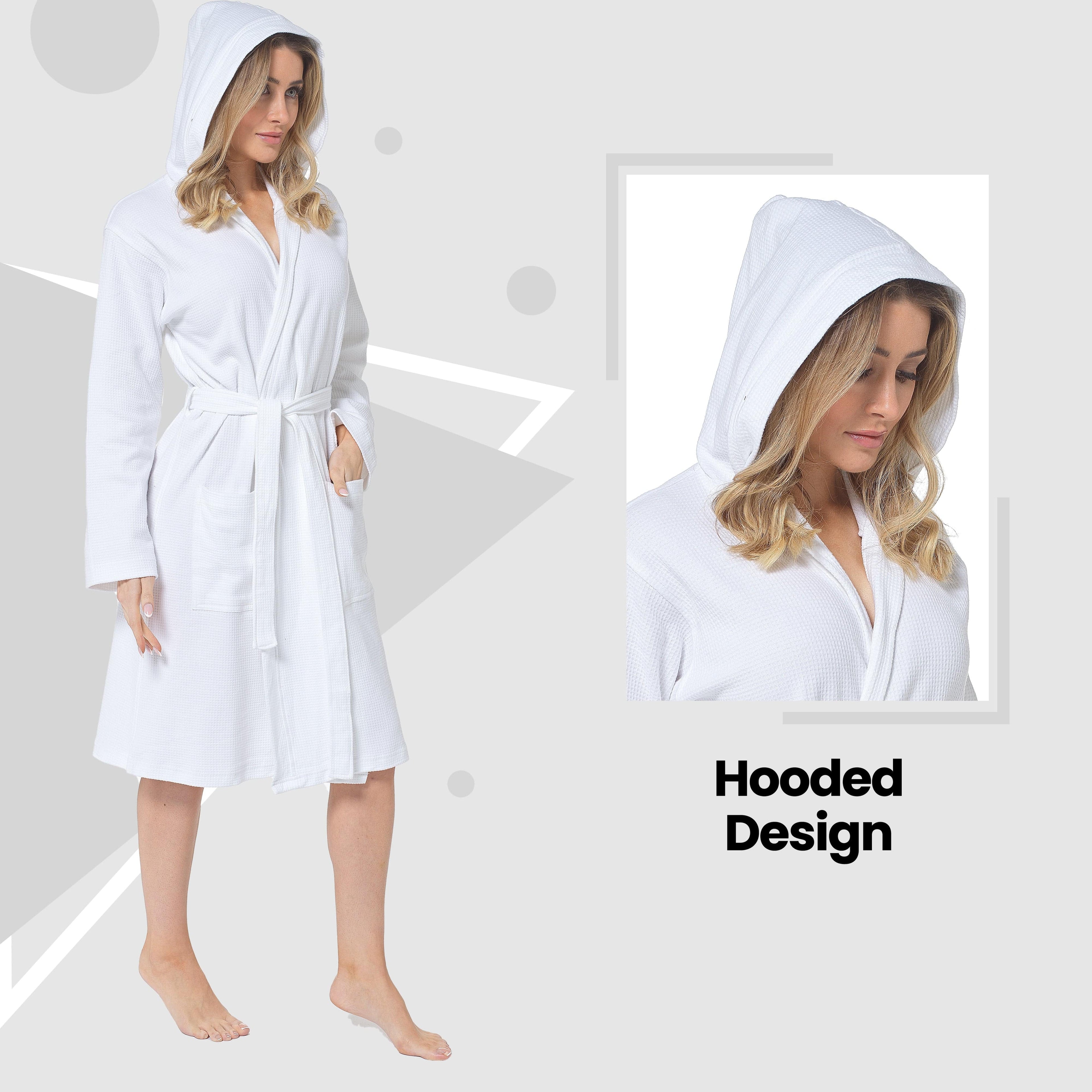 Women's Hooded Waffle Cotton Bathrobe White Super Absorbent Spa Dressing Gown for Home Lounge & Travel