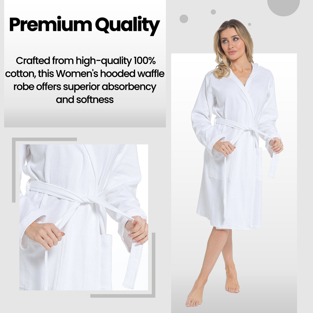 Women's Hooded Waffle Cotton Bathrobe White Super Absorbent Spa Dressing Gown for Home Lounge & Travel
