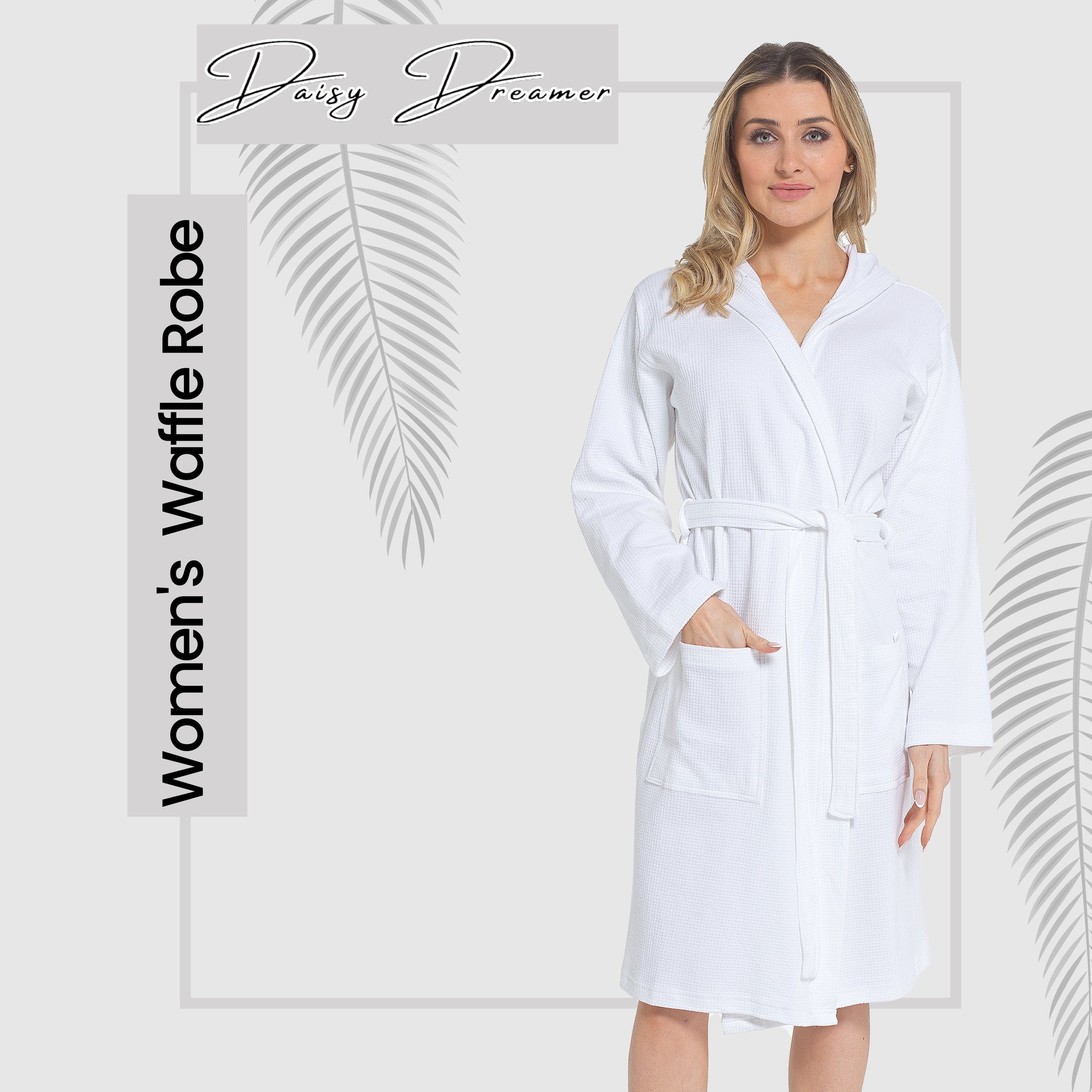 Women's Hooded Waffle Cotton Bathrobe White Super Absorbent Spa Dressing Gown for Home Lounge & Travel