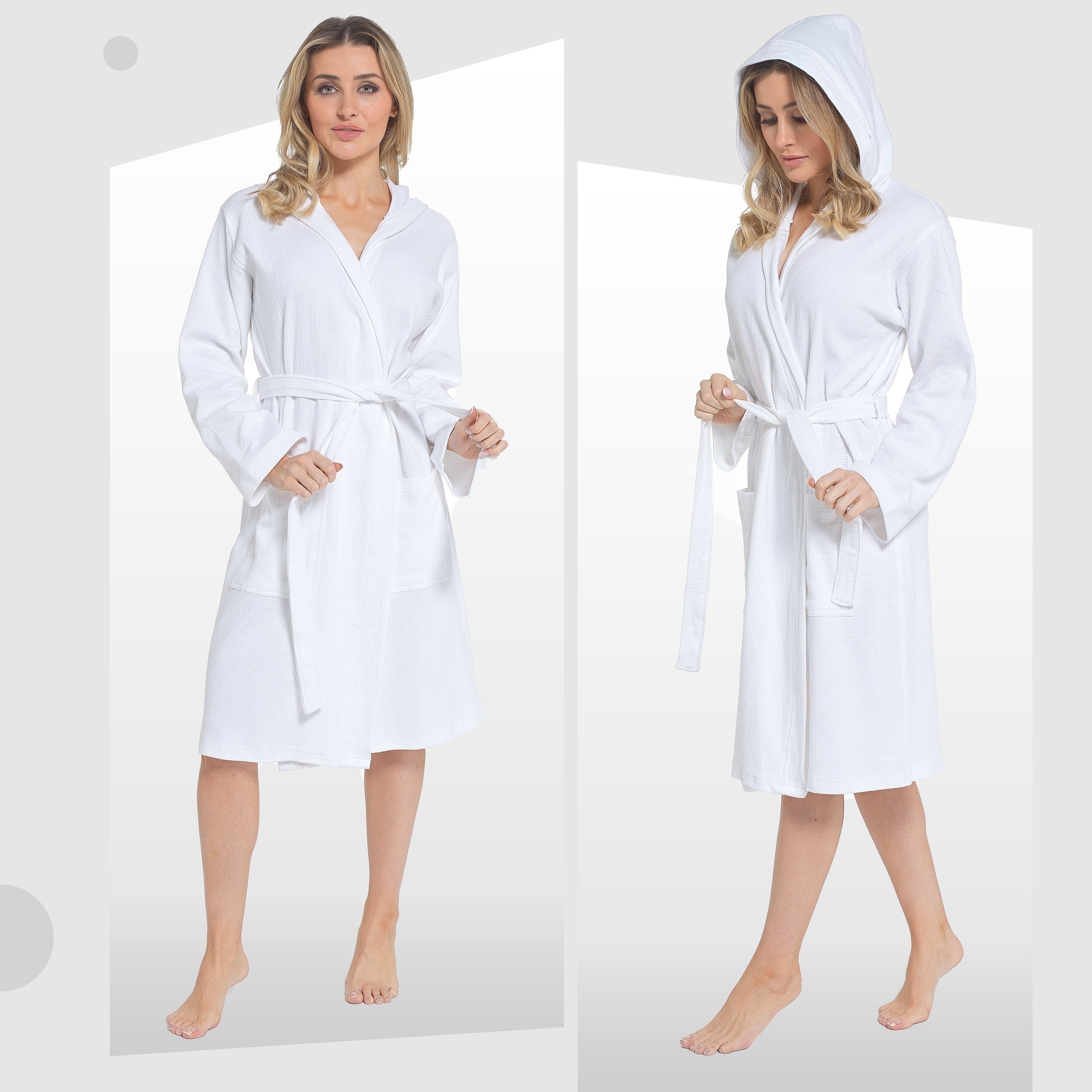 Women's Hooded Waffle Cotton Bathrobe White Super Absorbent Spa Dressing Gown for Home Lounge & Travel