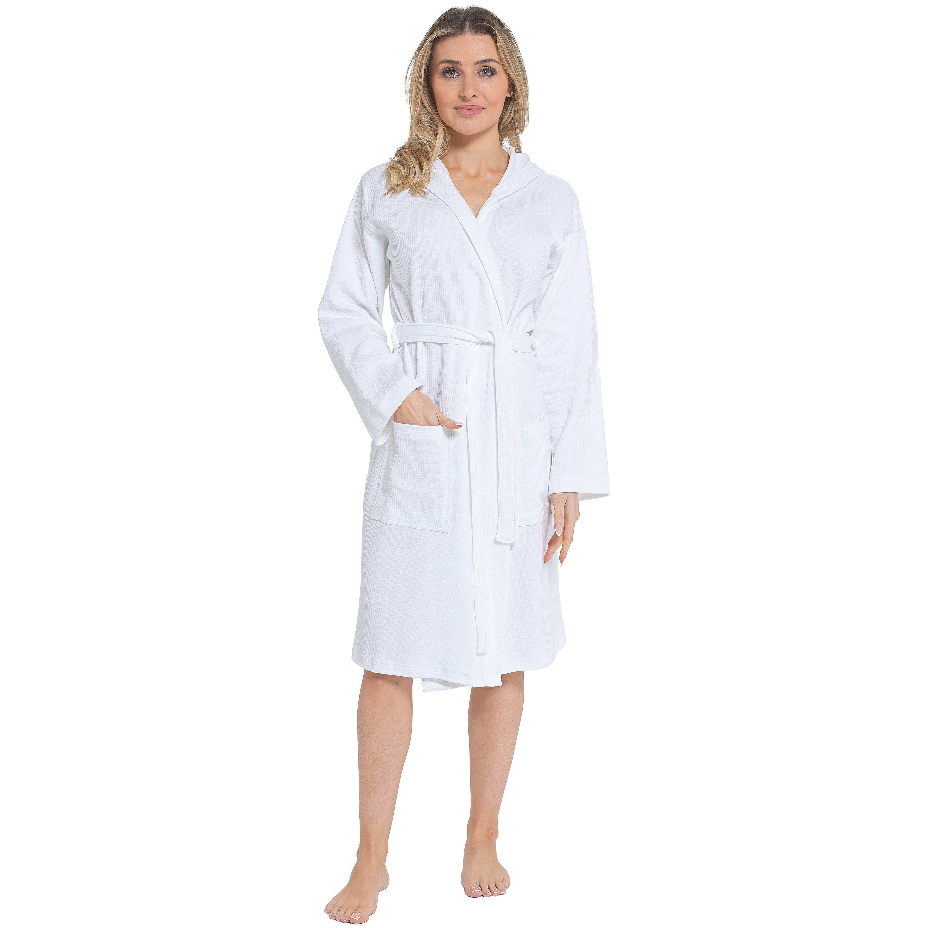 Women's Hooded Waffle Cotton Bathrobe White Super Absorbent Spa Dressing Gown for Home Lounge & Travel