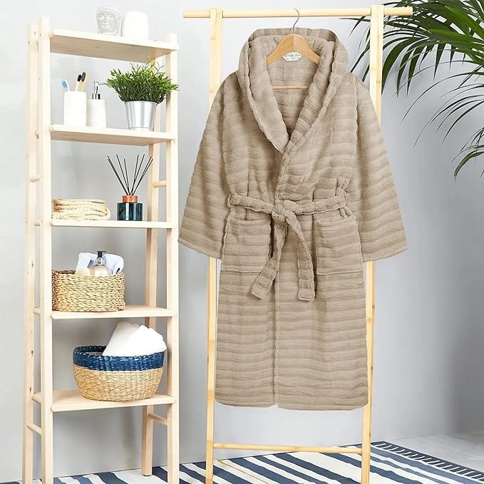 Women's Hydro Ribbed Ultra Soft 100% Cotton Hooded Bath Robes with Pockets and Belt Luxury Terry Towelling Loungewear Sleepwear in White and Grey