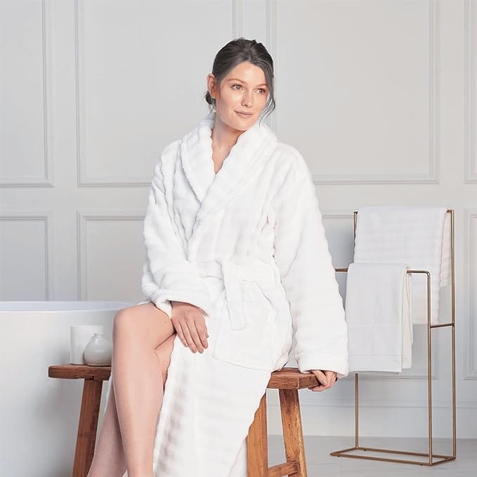 Women's Hydro Ribbed Ultra Soft 100% Cotton Hooded Bath Robes with Pockets and Belt Luxury Terry Towelling Loungewear Sleepwear in White and Grey