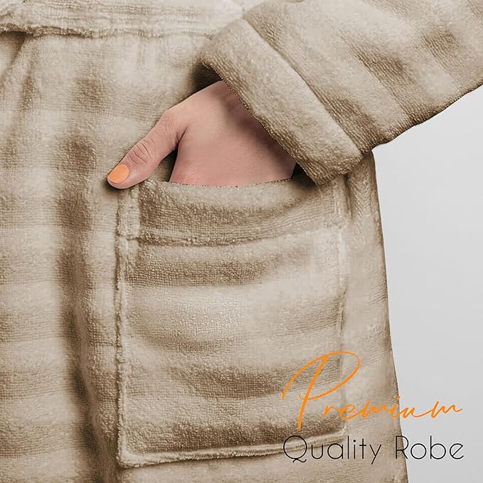 Women's Hydro Ribbed Ultra Soft 100% Cotton Hooded Bath Robes with Pockets and Belt Luxury Terry Towelling Loungewear Sleepwear in White and Grey