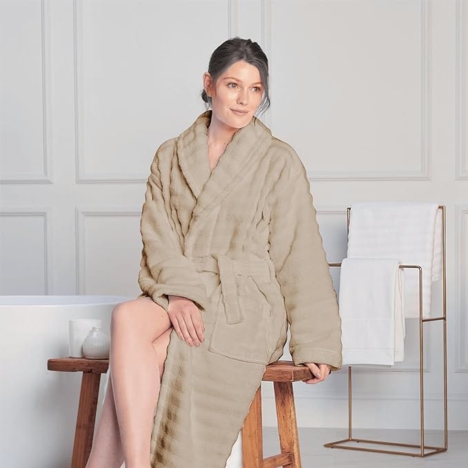 Women's Hydro Ribbed Ultra Soft 100% Cotton Hooded Bath Robes with Pockets and Belt Luxury Terry Towelling Loungewear Sleepwear in White and Grey