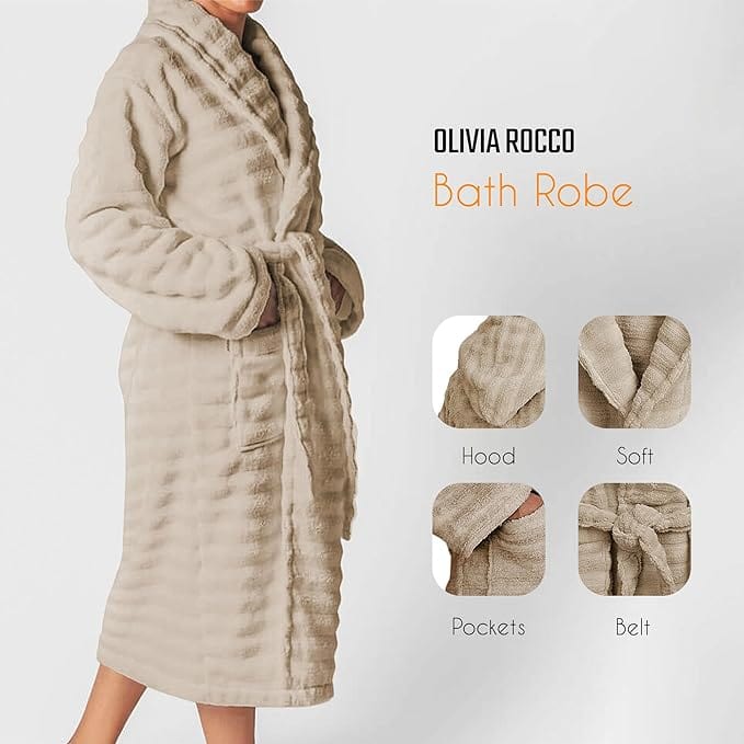 Women's Hydro Ribbed Ultra Soft 100% Cotton Hooded Bath Robes with Pockets and Belt Luxury Terry Towelling Loungewear Sleepwear in White and Grey