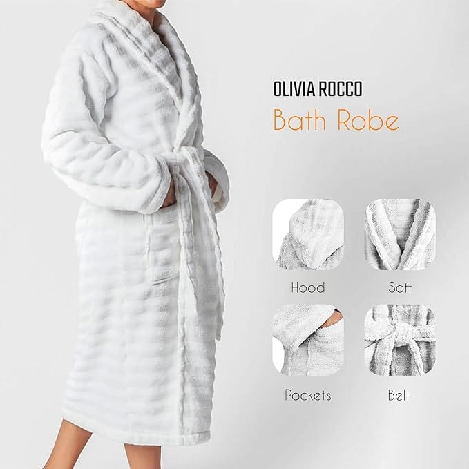 Women's Hydro Ribbed Ultra Soft 100% Cotton Hooded Bath Robes with Pockets and Belt Luxury Terry Towelling Loungewear Sleepwear in White and Grey