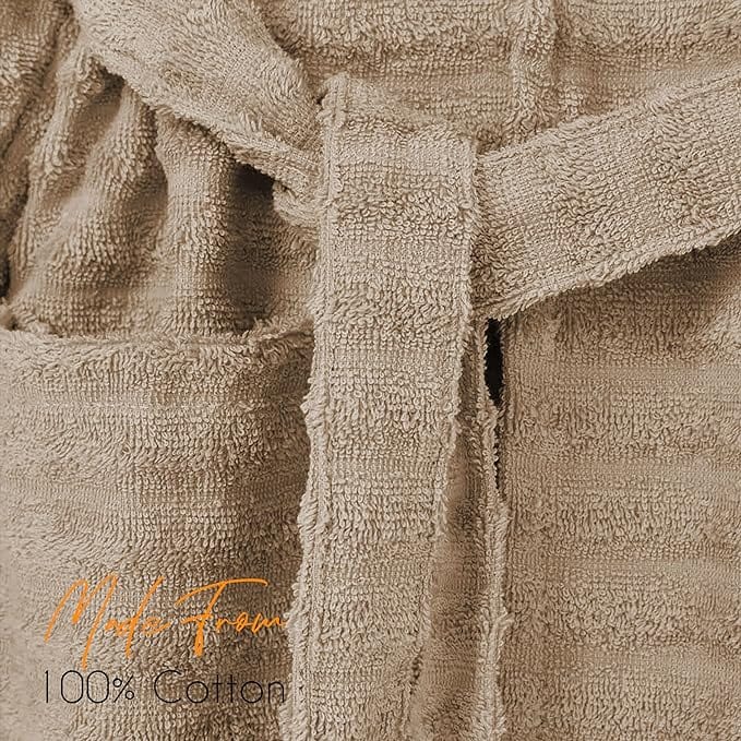 Women's Hydro Ribbed Ultra Soft 100% Cotton Hooded Bath Robes with Pockets and Belt Luxury Terry Towelling Loungewear Sleepwear in White and Grey