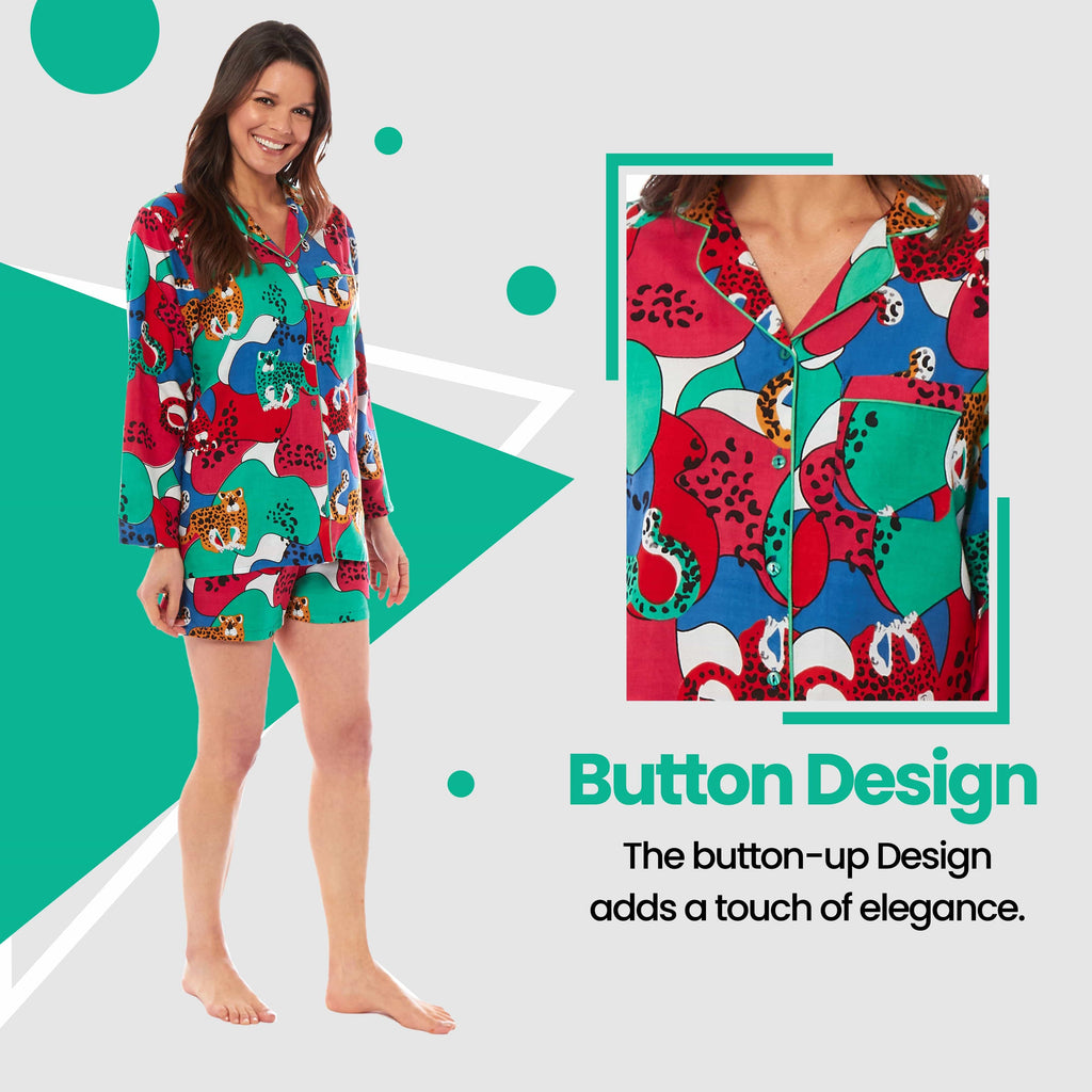 Women's Jaguar Jungle Leopard Button-Up Short Pyjama Set Soft Breathable Comfortable Stylish Loungewear in Sizes S to XL