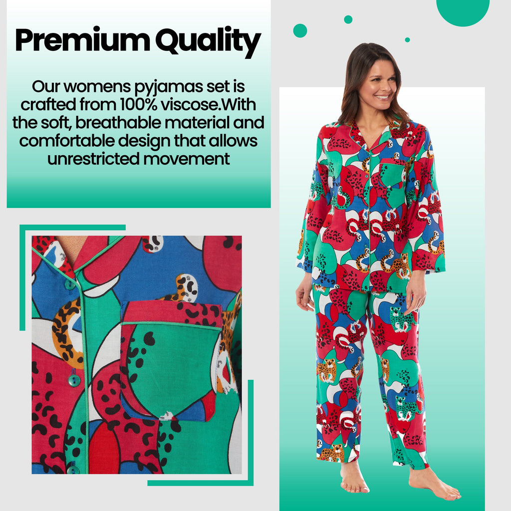 Women's Jaguar Jungle Leopard Print Button Up Pyjama Set Soft Breathable Viscose Loungewear Sleepwear Available in S M L XL