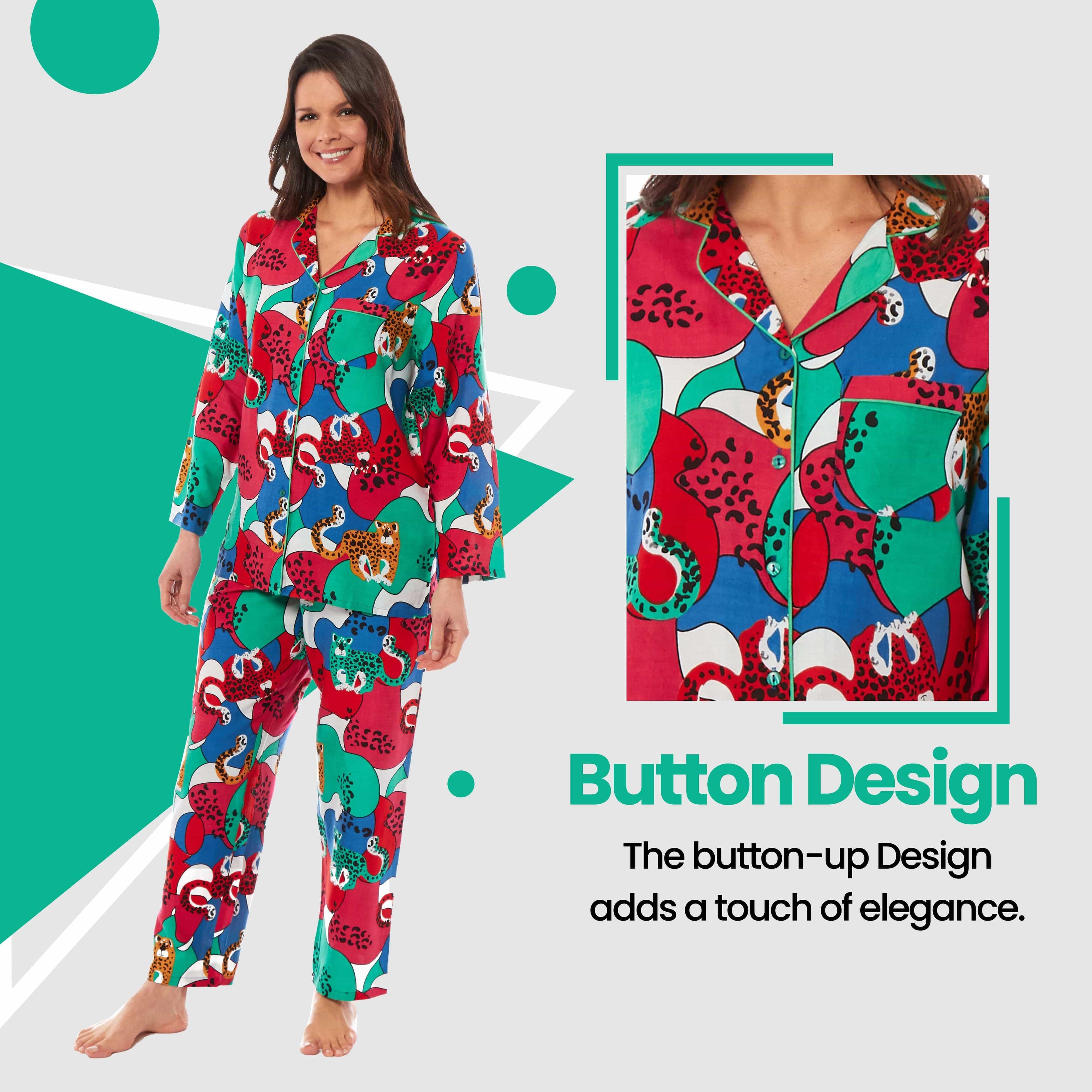 Women's Jaguar Jungle Leopard Print Long Pyjama Set Button Up Soft Breathable Viscose Loungewear Sleepwear Relaxing PJ Set