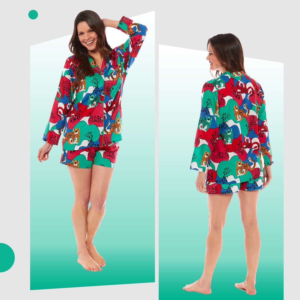 Women's Jaguar Jungle Leopard Print Short Pyjama Set Button Up Shorts Loungewear Sleepwear Soft Breathable Comfortable Stylish PJs Sizes S M L XL