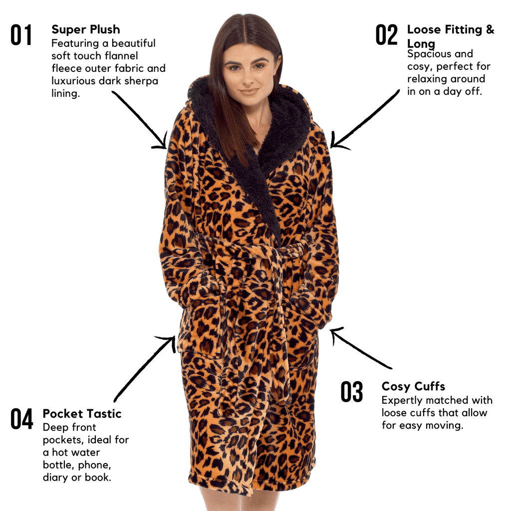 Women's Leopard Plush Fleece Hooded Robe with Sherpa Lining Warm Nightwear UK Sizes 8-22