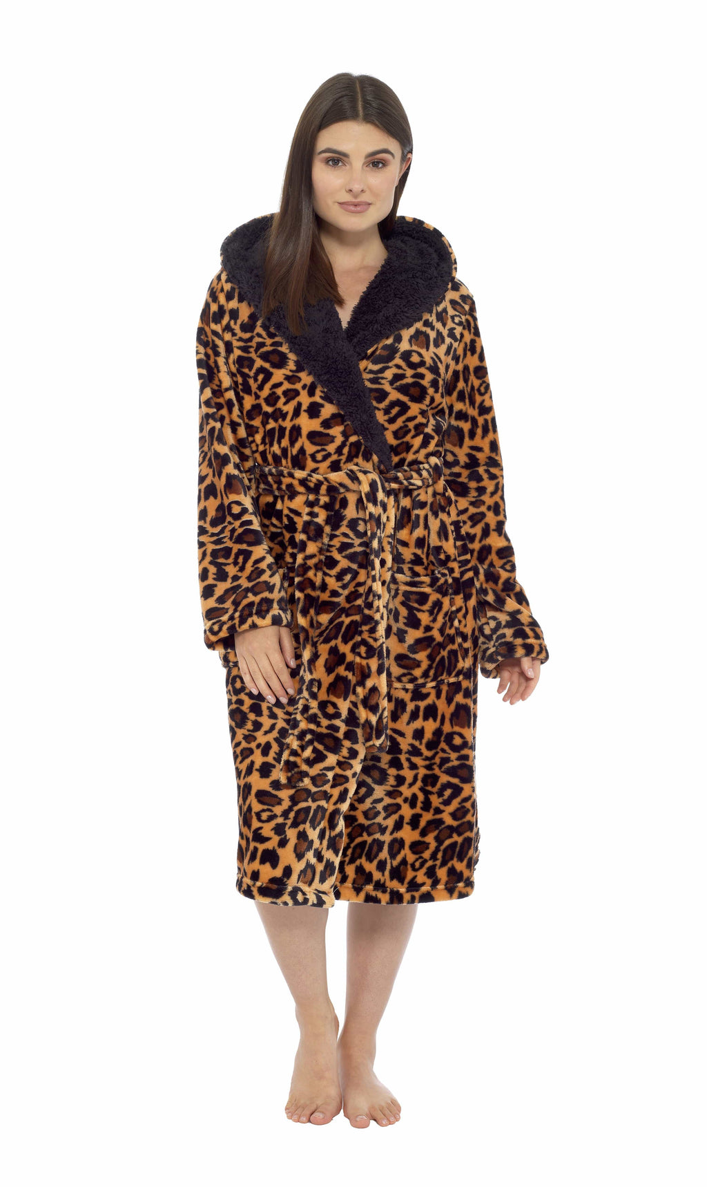 Women's Leopard Plush Fleece Hooded Robe with Sherpa Lining Warm Nightwear UK Sizes 8-22