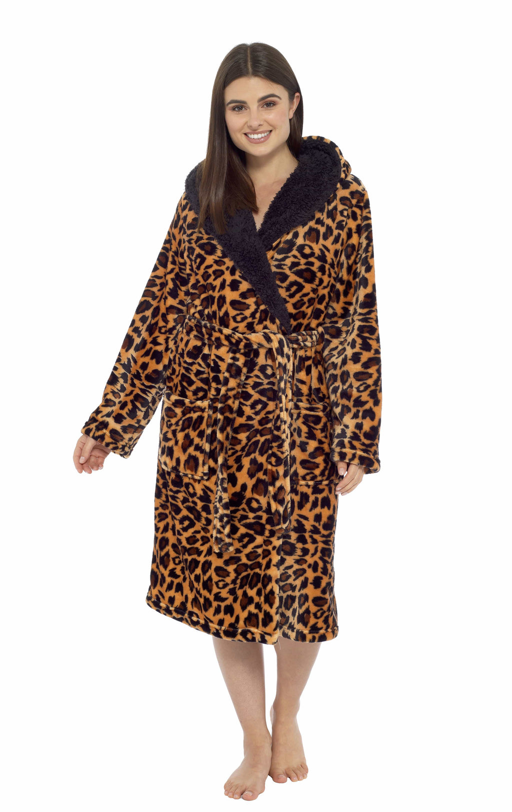 Women's Leopard Plush Fleece Hooded Robe with Sherpa Lining Warm Nightwear UK Sizes 8-22