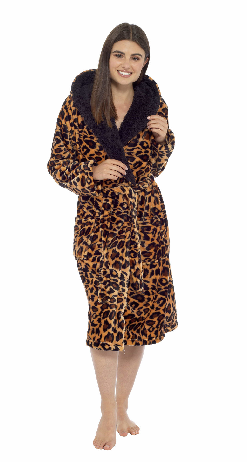 Women's Leopard Plush Fleece Hooded Robe with Sherpa Lining Warm Nightwear UK Sizes 8-22