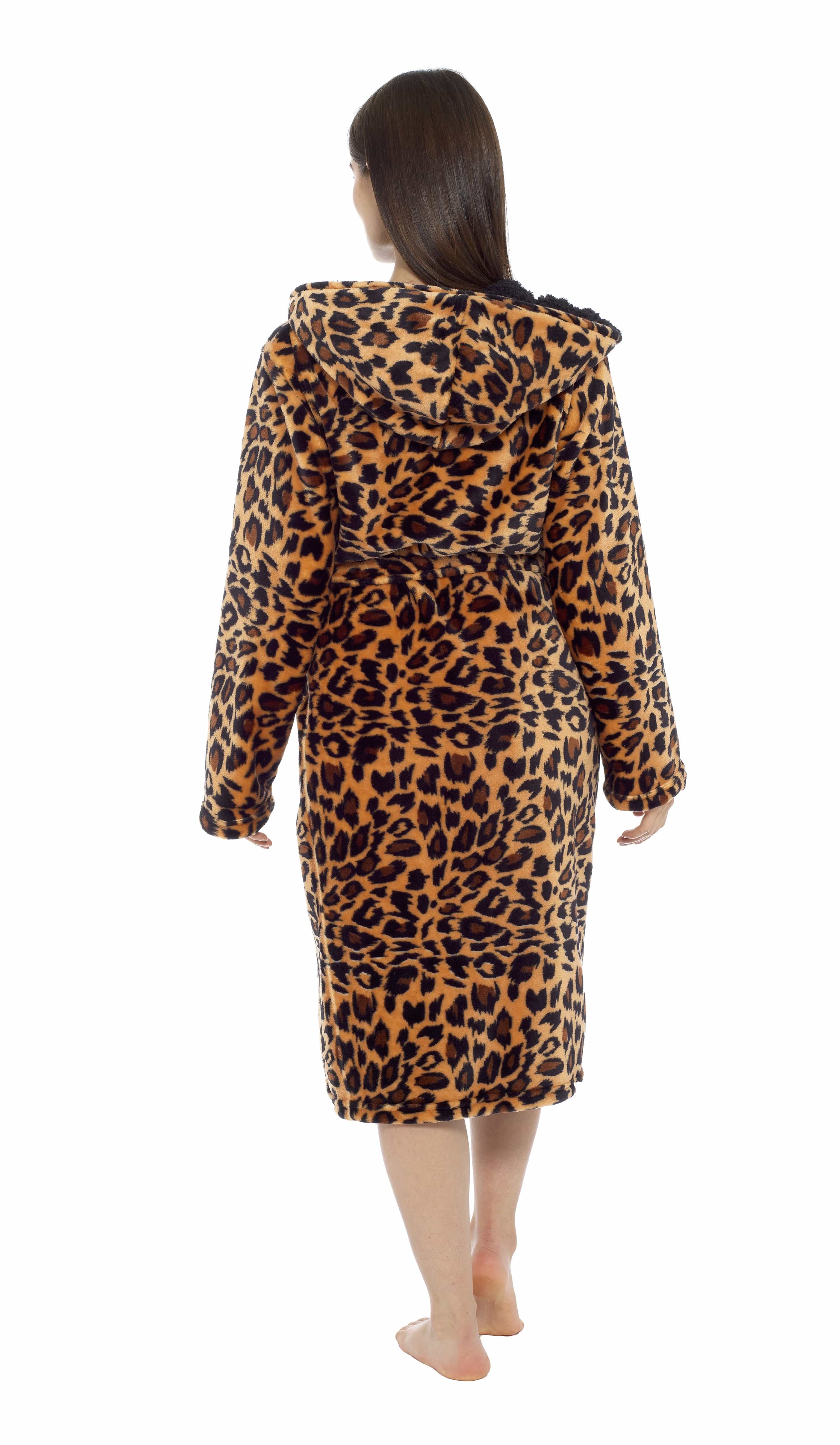 Women's Leopard Plush Fleece Hooded Robe with Sherpa Lining Warm Nightwear UK Sizes 8-22