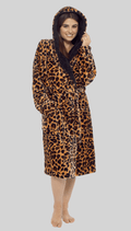 Women's Leopard Plush Fleece Hooded Robe with Sherpa Lining Warm Nightwear UK Sizes 8-22