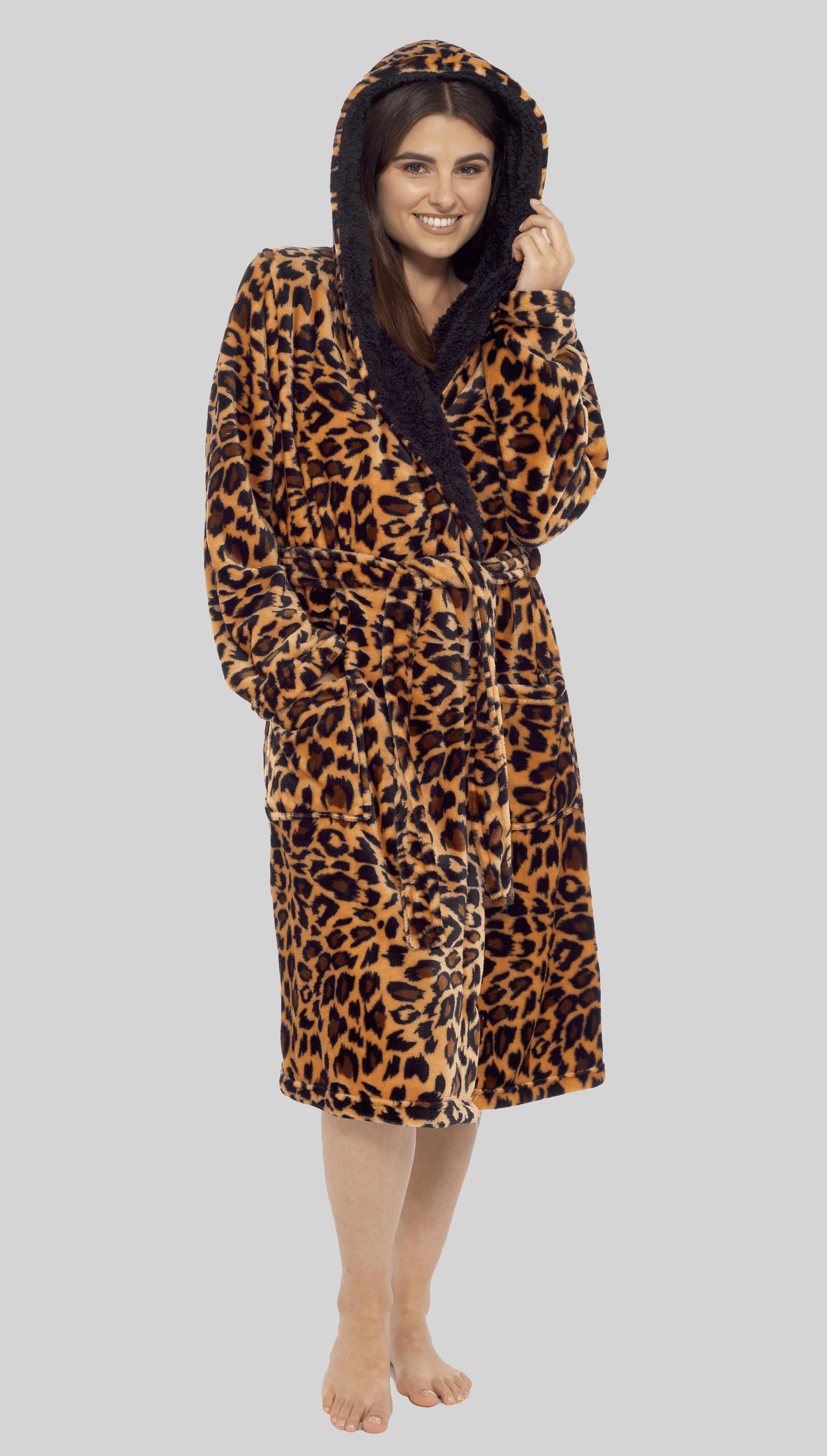 Women's Leopard Plush Fleece Hooded Robe with Sherpa Lining Warm Nightwear UK Sizes 8-22