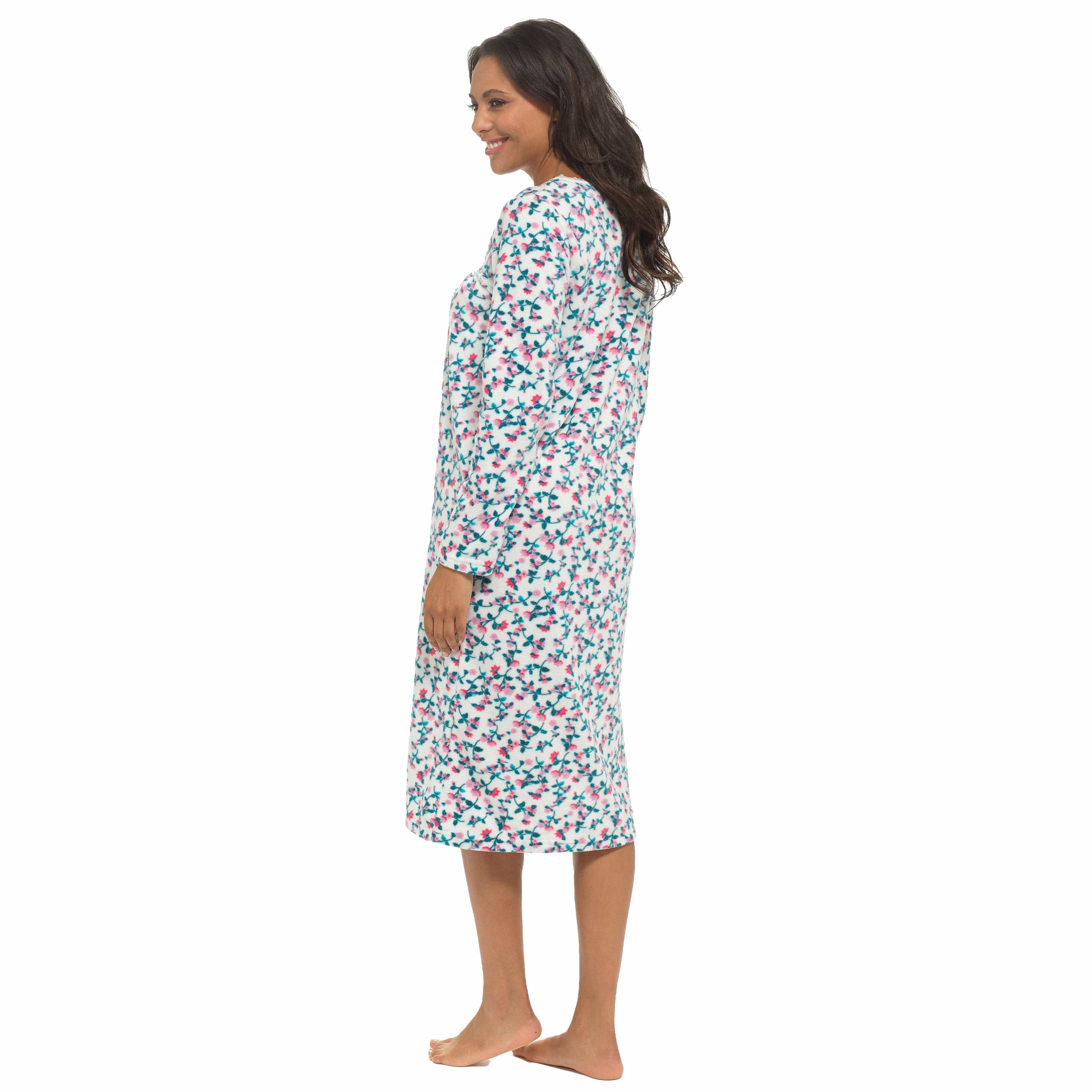 Women's Long Sleeve Fleece Nightdress Soft Warm Floral Print Sleepwear Cozy Winter Nightie Loungewear Available in Multiple Sizes