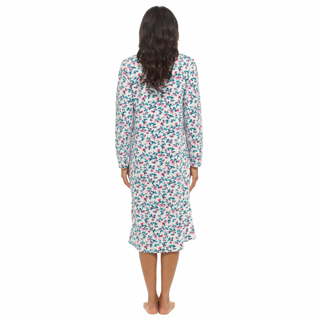 Women's Long Sleeve Fleece Nightdress Soft Warm Floral Print Sleepwear Cozy Winter Nightie Loungewear Available in Multiple Sizes