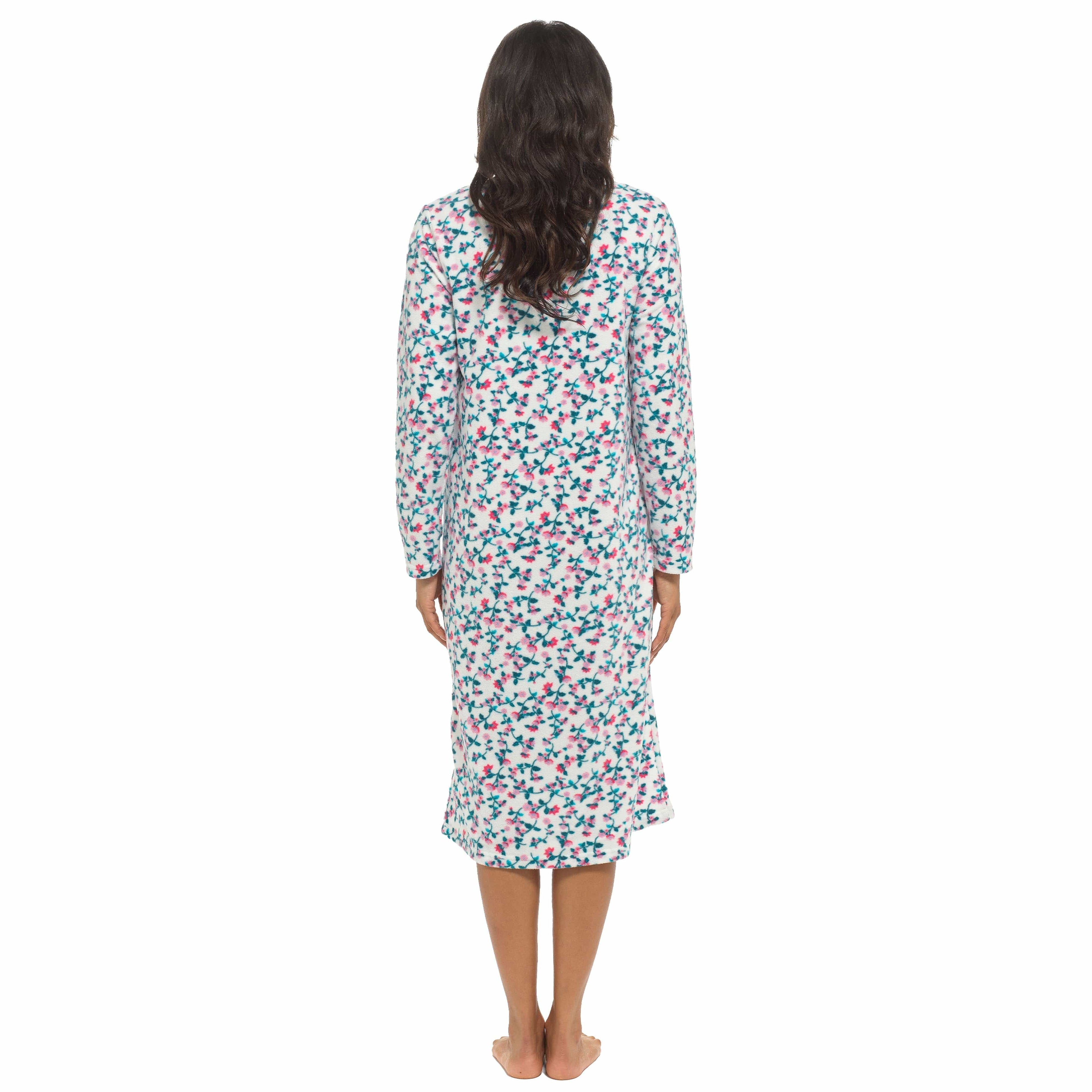 Women's Long Sleeve Fleece Nightdress Soft Warm Floral Print Sleepwear Cozy Winter Nightie Loungewear Available in Multiple Sizes