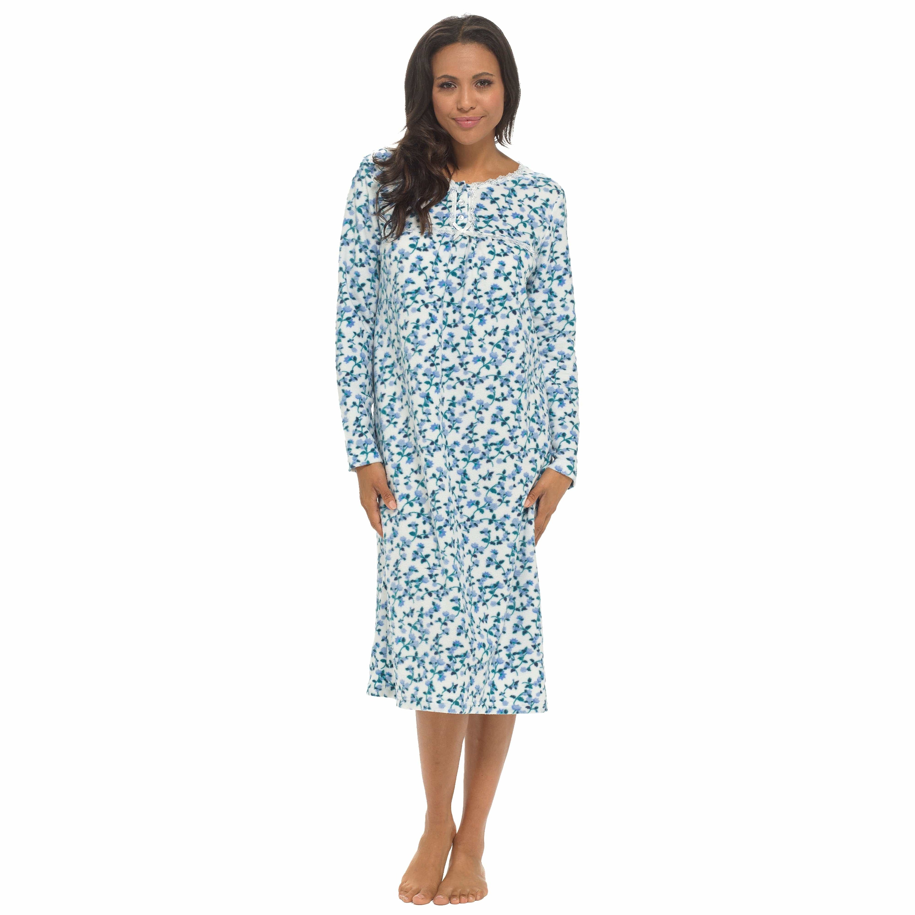 Women's Long Sleeve Fleece Nightdress Soft Warm Floral Print Sleepwear Cozy Winter Nightie Loungewear Available in Multiple Sizes