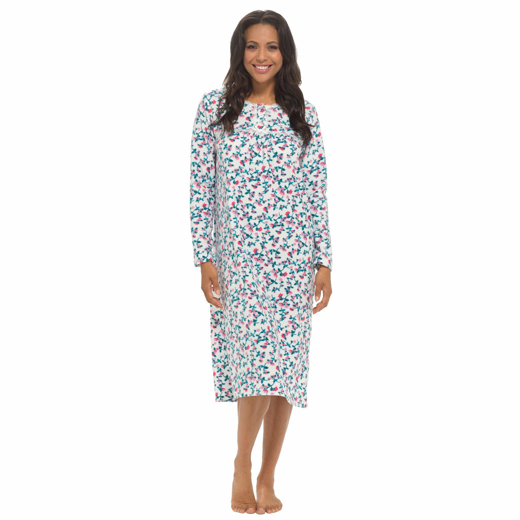 Women's Long Sleeve Fleece Nightdress Soft Warm Floral Print Sleepwear Cozy Winter Nightie Loungewear Available in Multiple Sizes