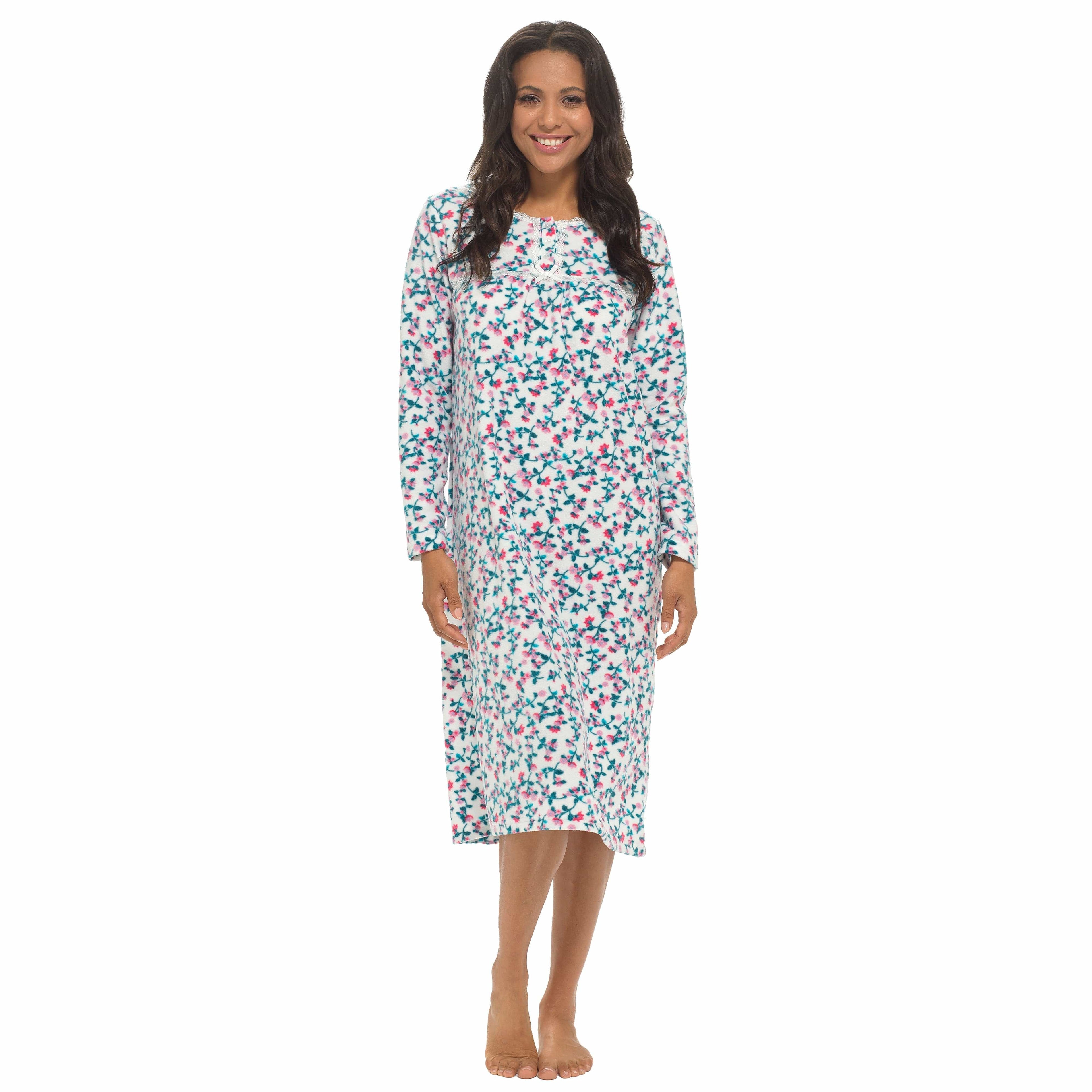 Women's Long Sleeve Fleece Nightdress Soft Warm Floral Print Sleepwear Cozy Winter Nightie Loungewear Available in Multiple Sizes